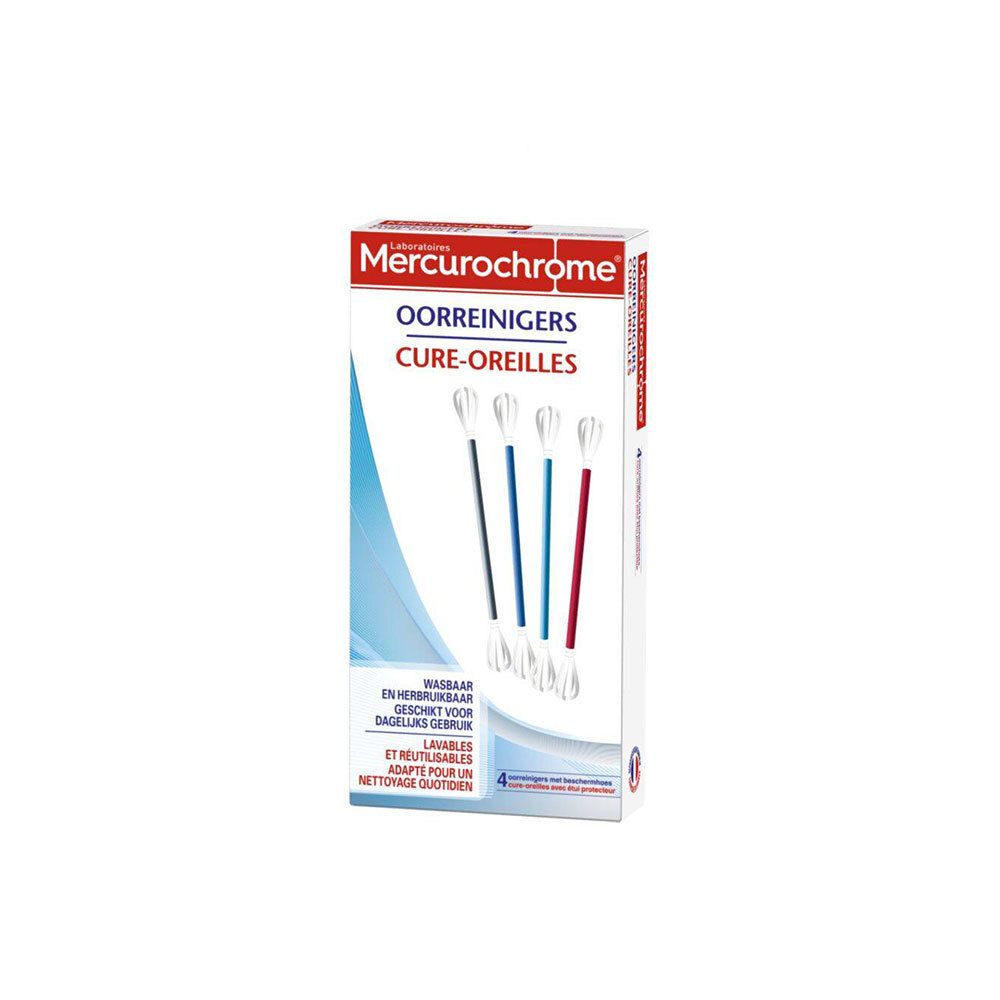 Verpackung mit Ohrreinigern. Schwarzer, blauer und roter Stiel. Marke Mercurochrome.