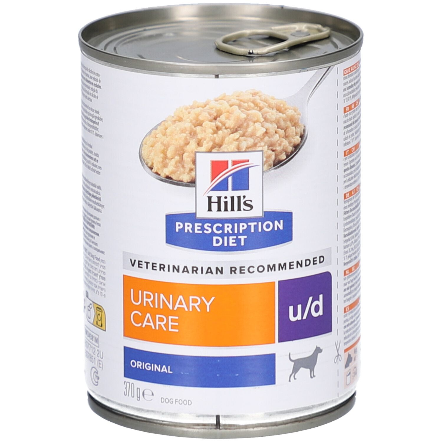 Dose Hill's Prescription Diet Urinary Care u/d Original für Hunde. Aufschrift: Urinary Care u/d, Original, 370g. Futter in der Dose.
