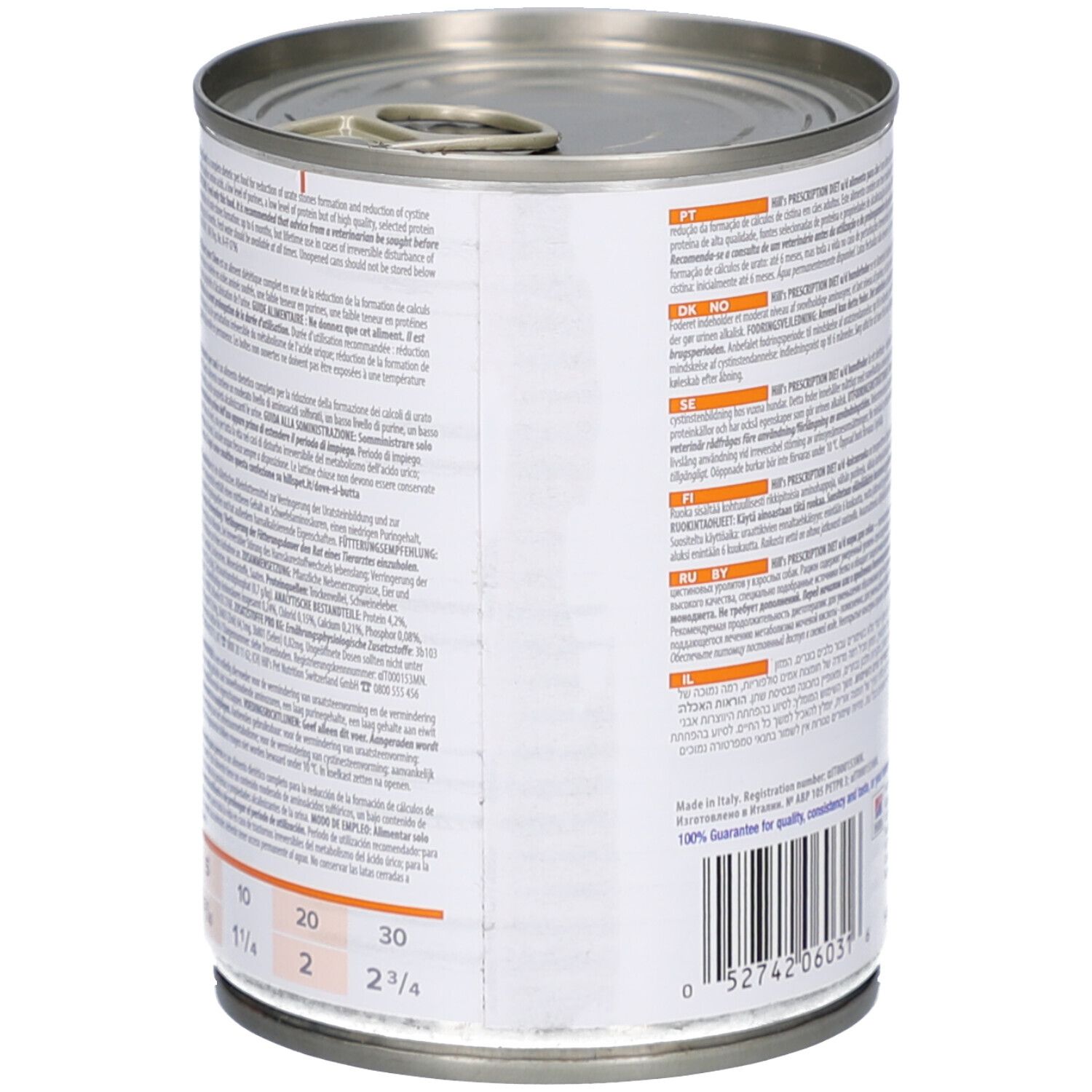 Rückseite der Dose Hill's Prescription Diet Urinary Care u/d Original. Text in mehreren Sprachen. Dosierungstabelle.