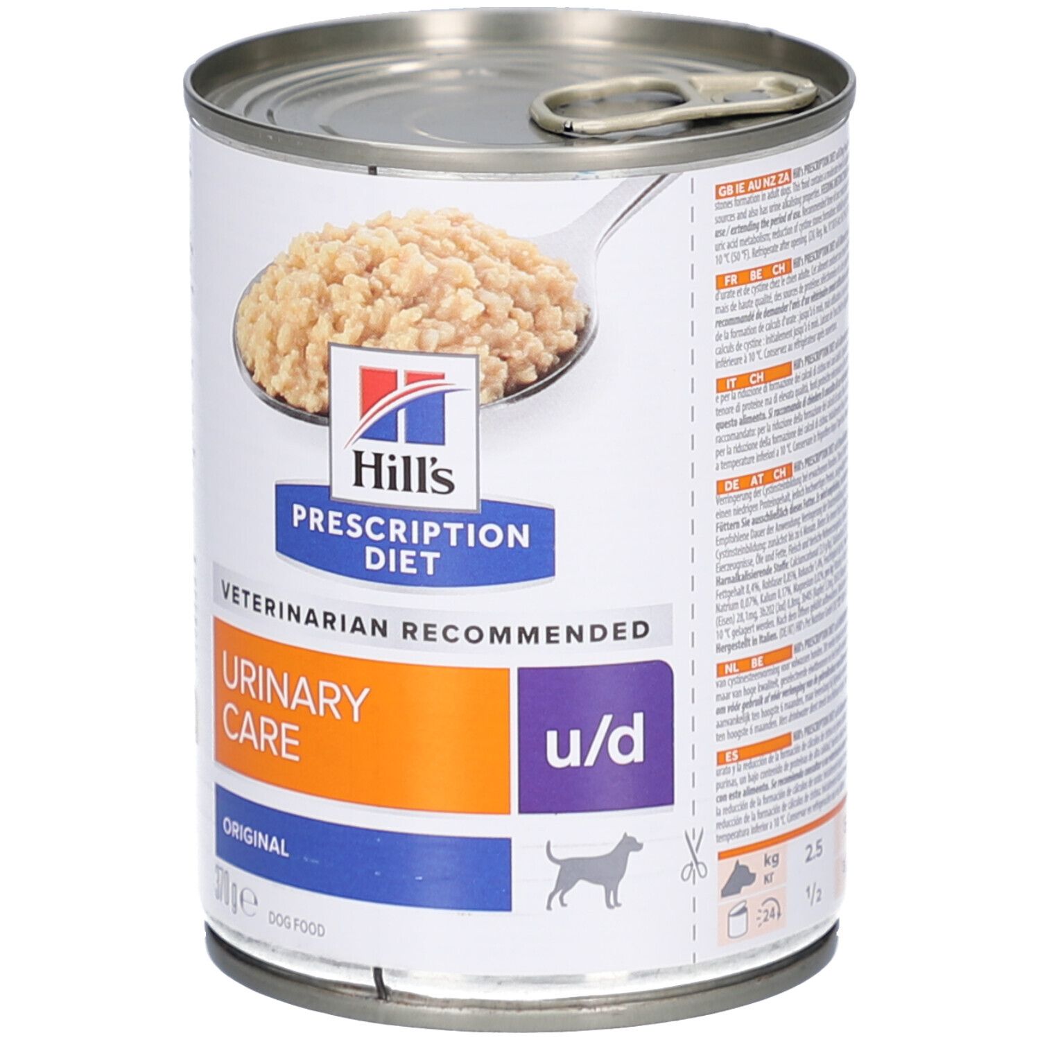 Dose Hill's Prescription Diet Urinary Care u/d Original für Hunde. Aufschrift: Urinary Care u/d, Original, 370g. Futter in der Dose.
