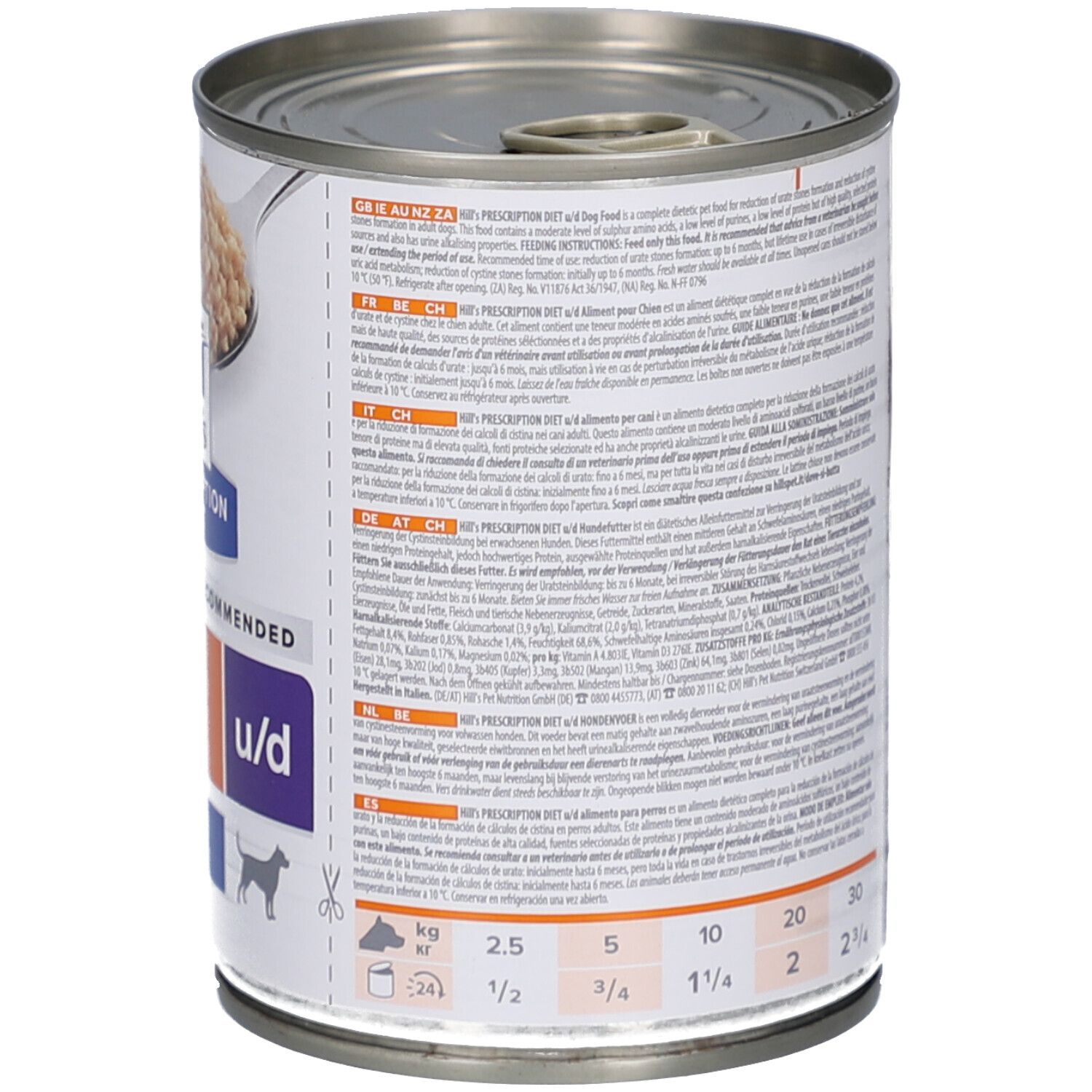 Rückseite der Dose Hill's Prescription Diet Urinary Care u/d Original. Text in mehreren Sprachen. Dosierungstabelle.