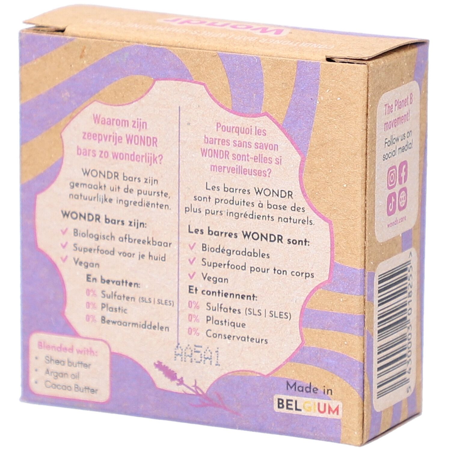 Dos de l'emballage en carton. Texte en allemand et français. Contient des informations sur les ingrédients et les propriétés.