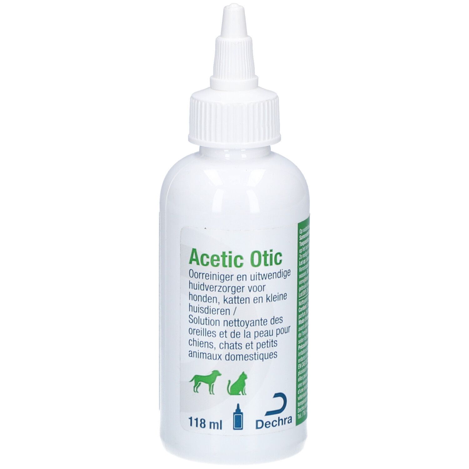 Weiße Flasche mit grünem Etikett. Aufschrift: Acetic Otic. Für Hunde, Katzen und kleine Haustiere. Dechra Logo.