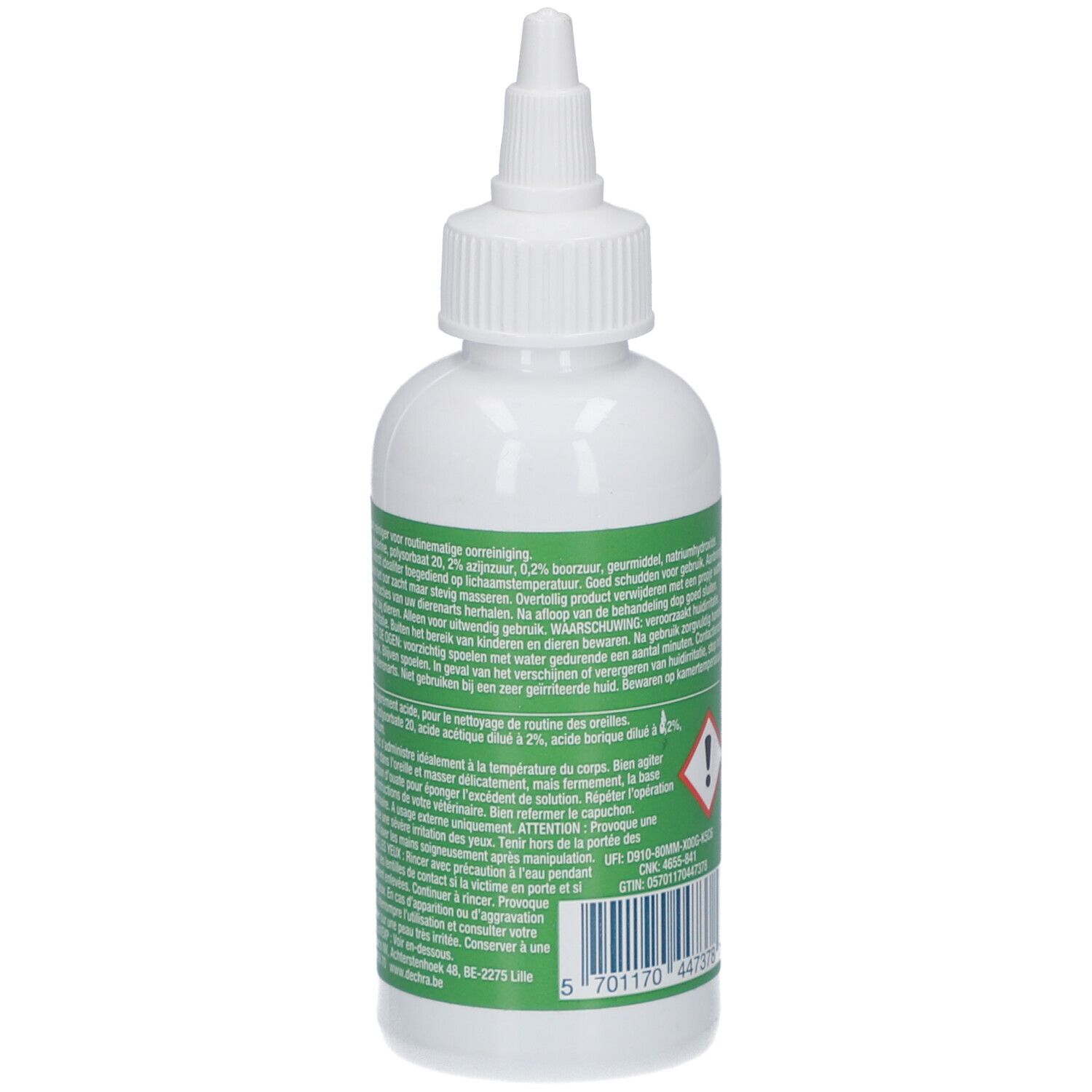 Weiße Flasche mit grünem Etikett. Text und Warnhinweis. Für Hunde, Katzen und kleine Haustiere.