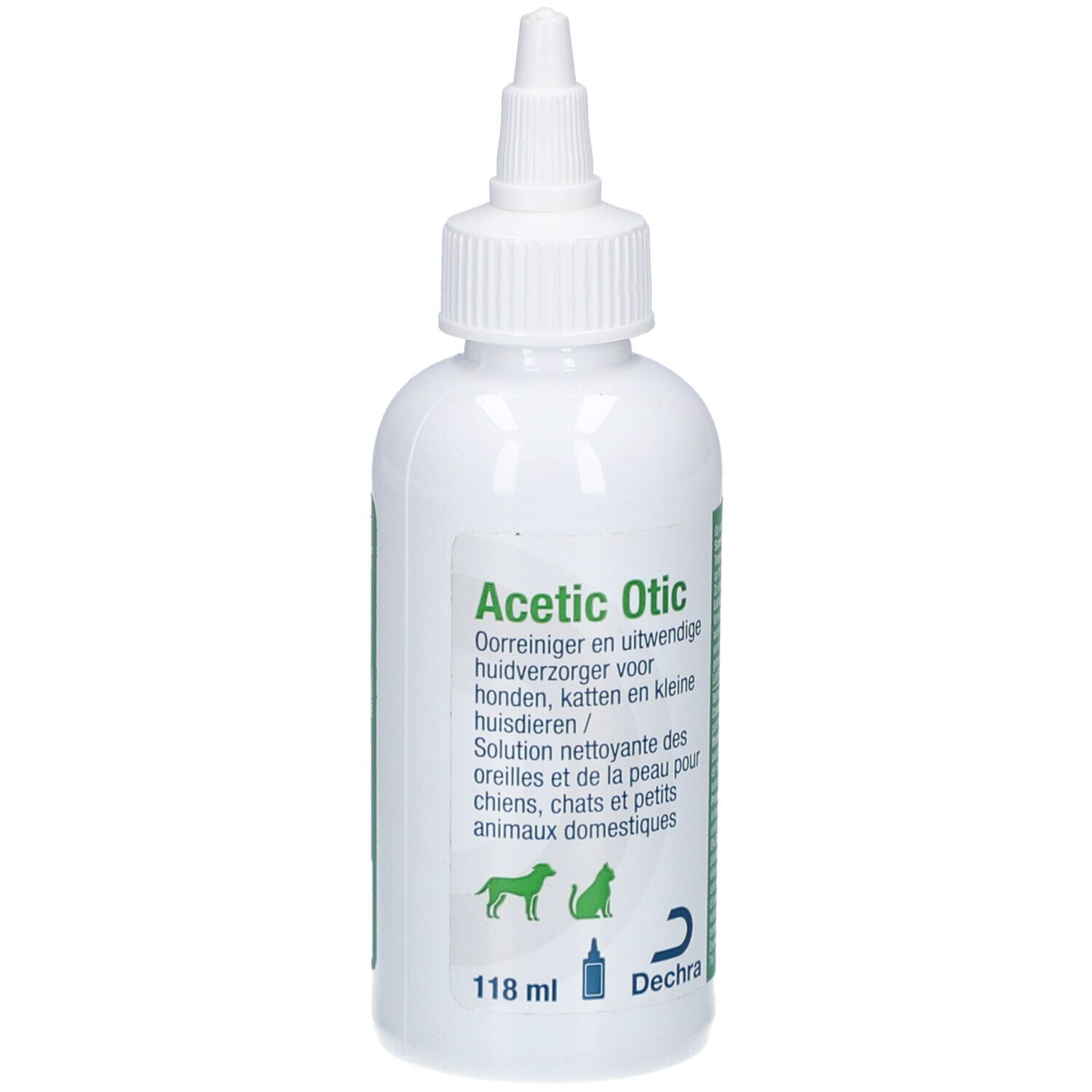 Weiße Flasche mit grünem Etikett. Aufschrift: Acetic Otic. Für Hunde, Katzen und kleine Haustiere. Dechra Logo.