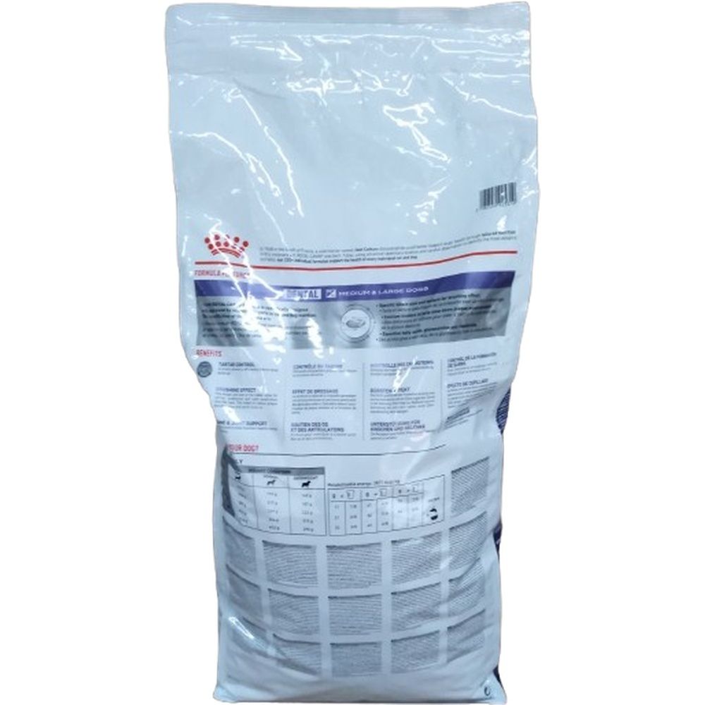 Rückseite eines Royal Canin Expert Dental Hundefutter-Sacks mit Nährwertangaben.