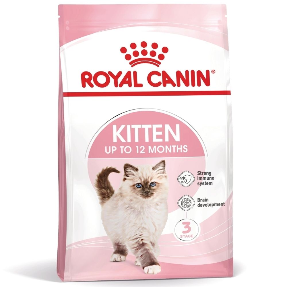 Royal Canin Kitten Futterbeutel mit Bild einer Katze und Textangaben zu Immunstärke und Gehirnentwicklung.