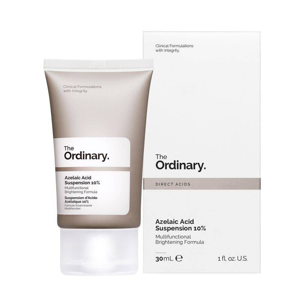 Tube et emballage de The Ordinary Azelaic Acid Suspension 10%. Nom du produit et ingrédients visibles.