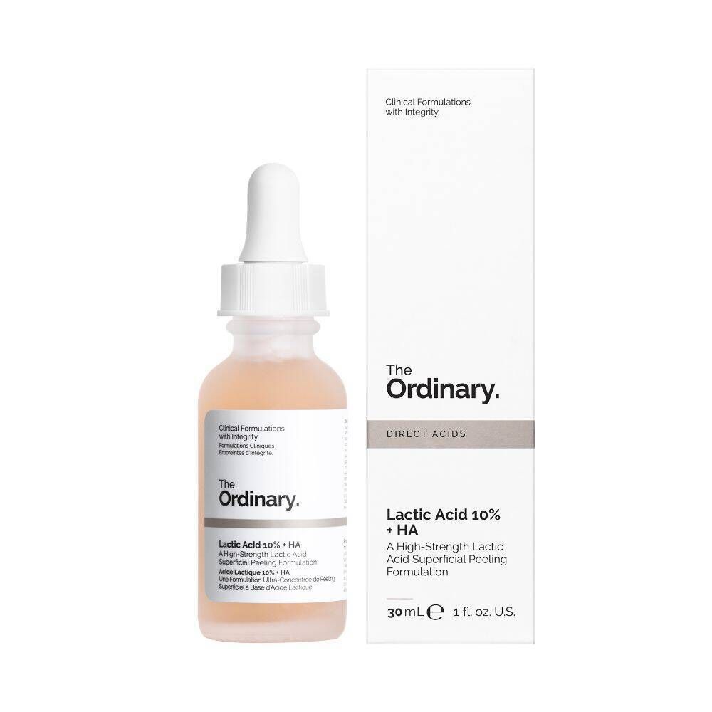 Flacon en verre avec pipette et carton. Inscription : The Ordinary, Lactic Acid 10% + HA.
