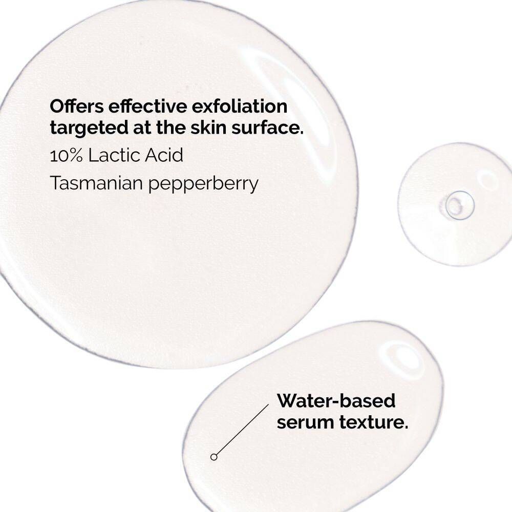 Gouttes de liquide avec texte. Texte : 10% Lactic Acid, Tasmanian pepperberry, Water-based serum texture.