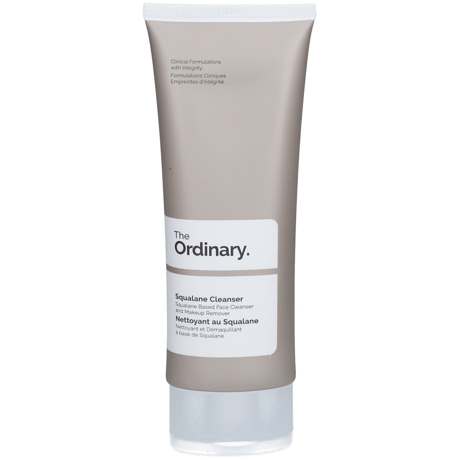 Beige Tube mit weißem Deckel. Aufschrift: The Ordinary. Squalane Cleanser. Reiniger für Gesicht und Make-up.