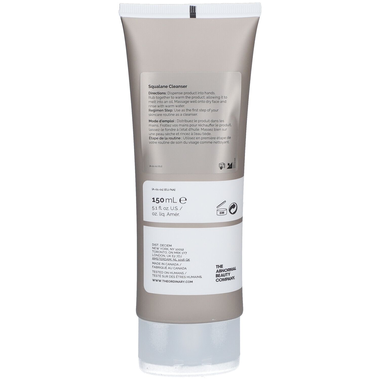 Rückseite der Tube. Text: The Ordinary. Squalane Cleanser. Anweisungen in Englisch und Französisch. 150 ml.