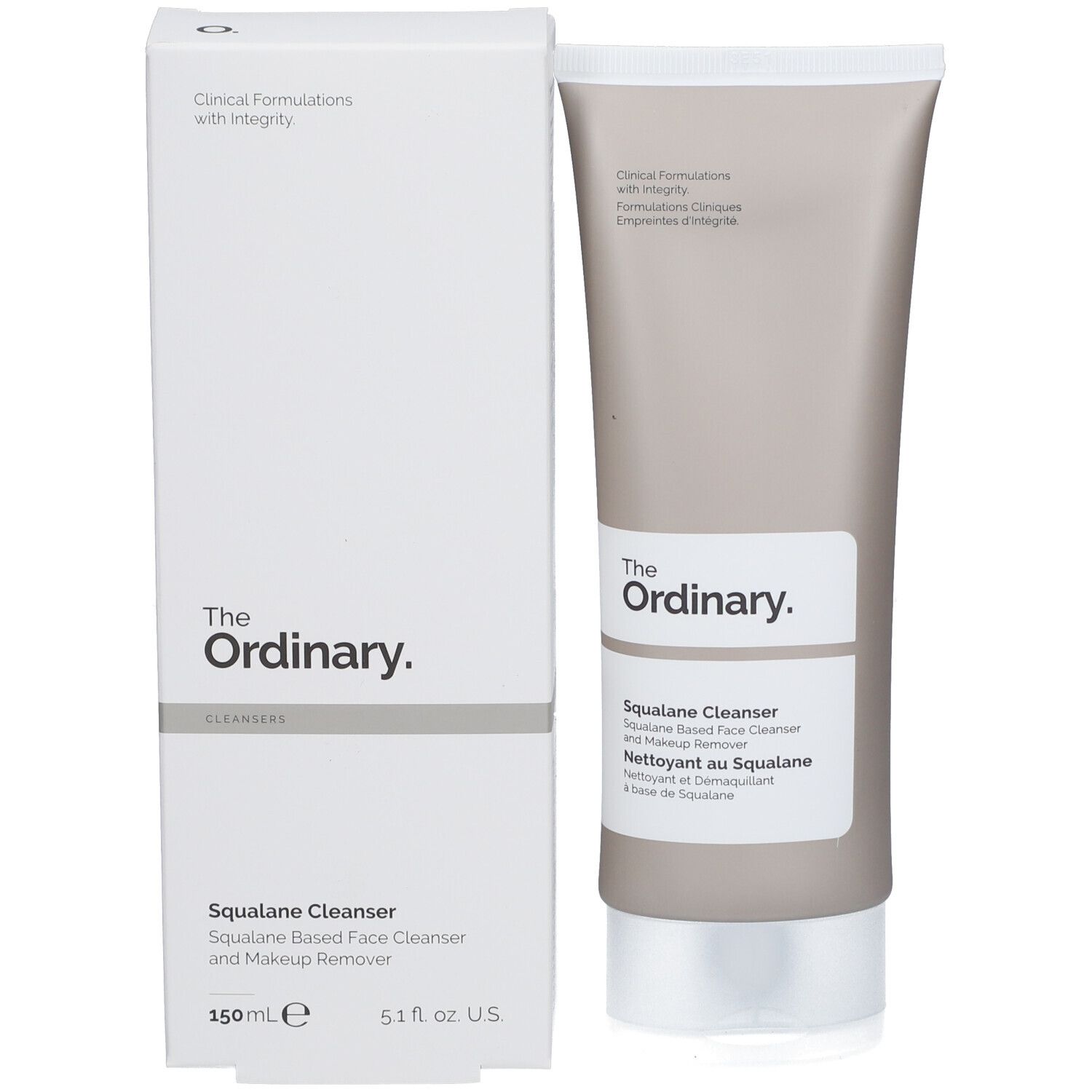 Produktverpackung mit Tube. Weiße Schachtel mit Tube. Aufschrift: The Ordinary. Squalane Cleanser. 150 ml.