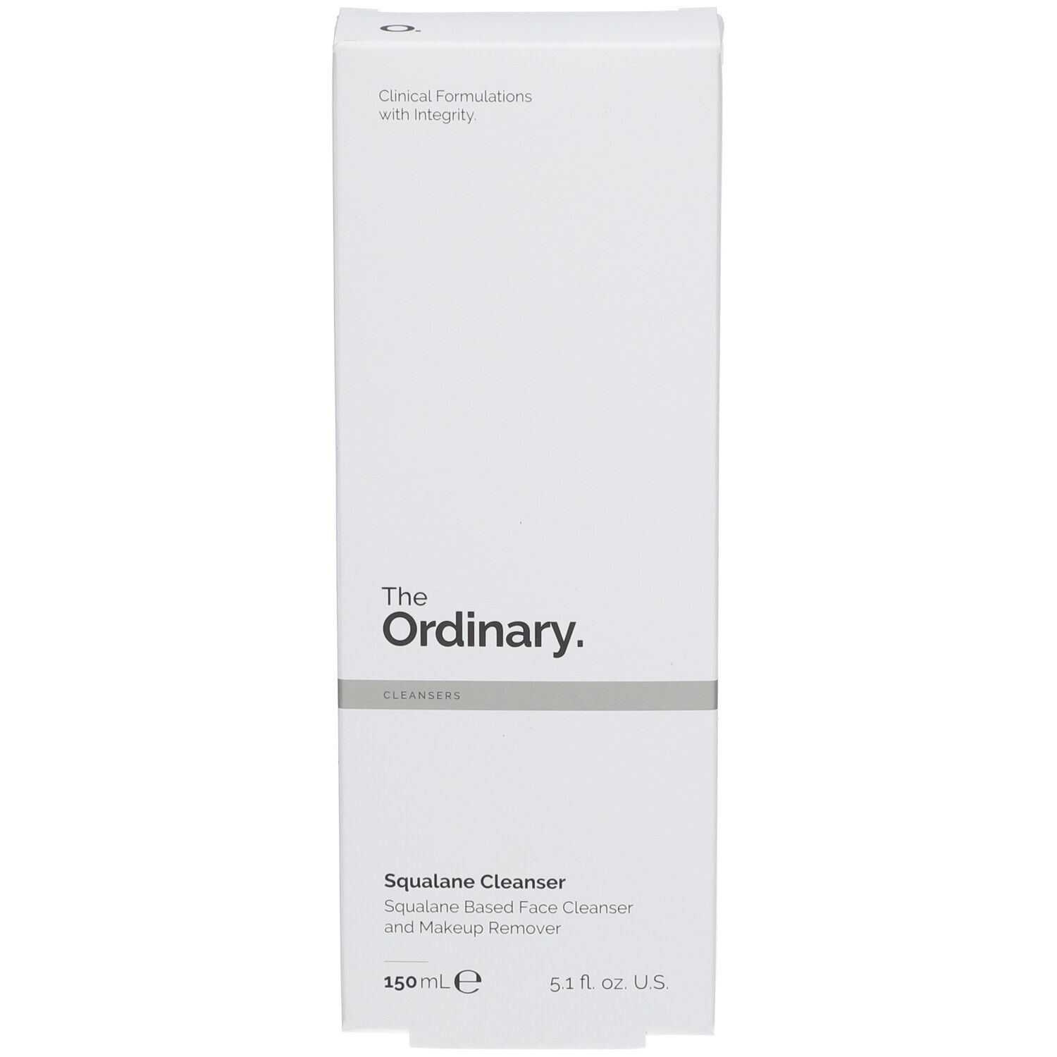 Weiße Produktverpackung. Aufschrift: The Ordinary. Squalane Cleanser. 150 ml.
