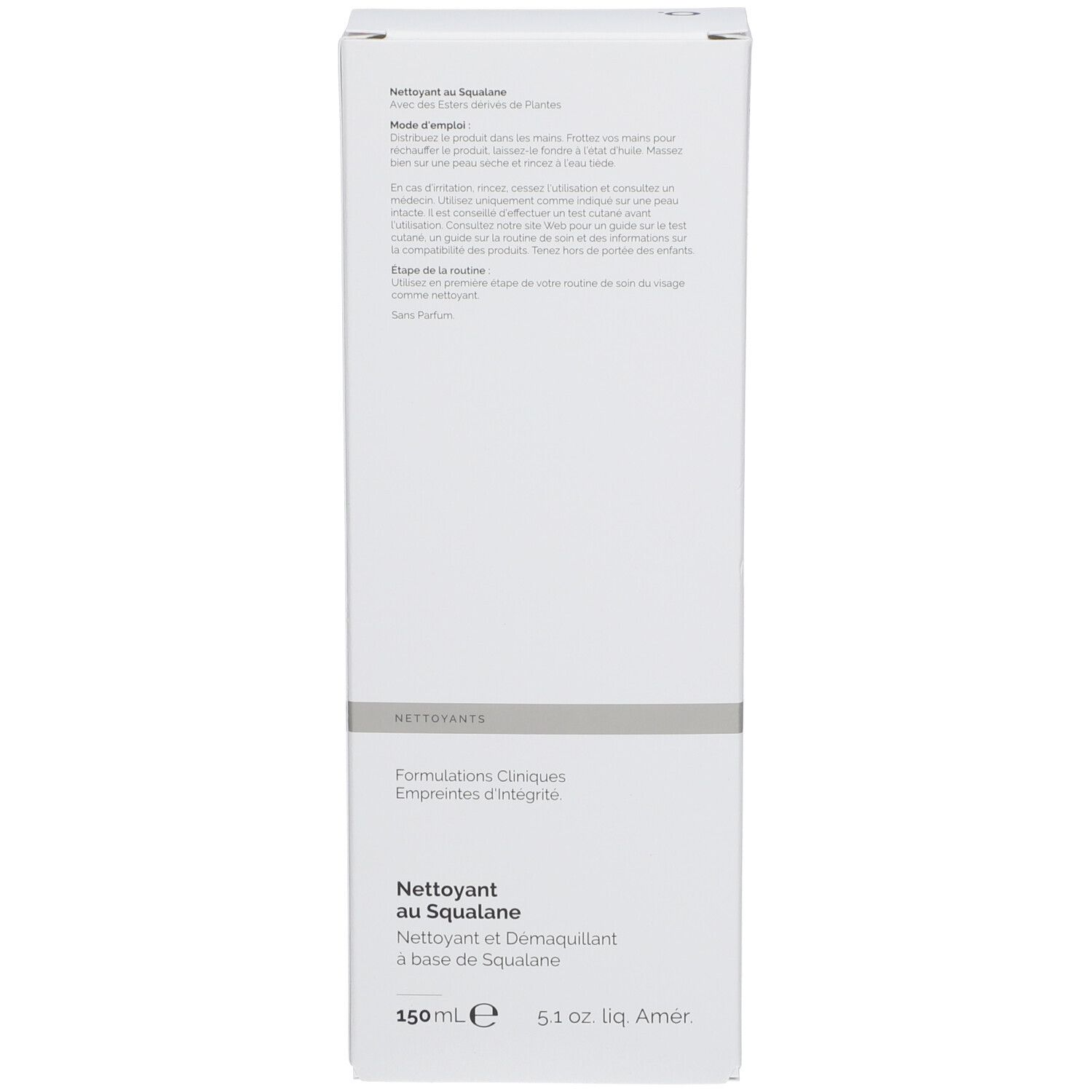 Rückseite der Verpackung. Anwendungshinweise in Englisch und Französisch. Text: Squalane Cleanser.