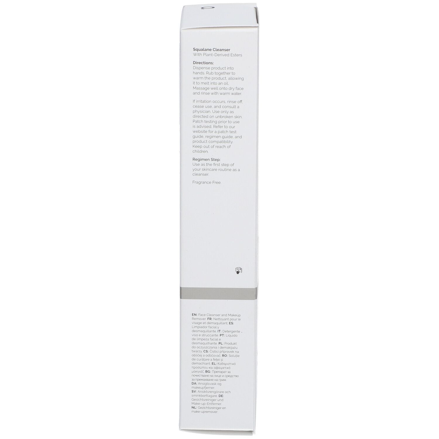 Seite der Verpackung. Anwendungshinweise in Englisch und Französisch. Text: Squalane Cleanser.