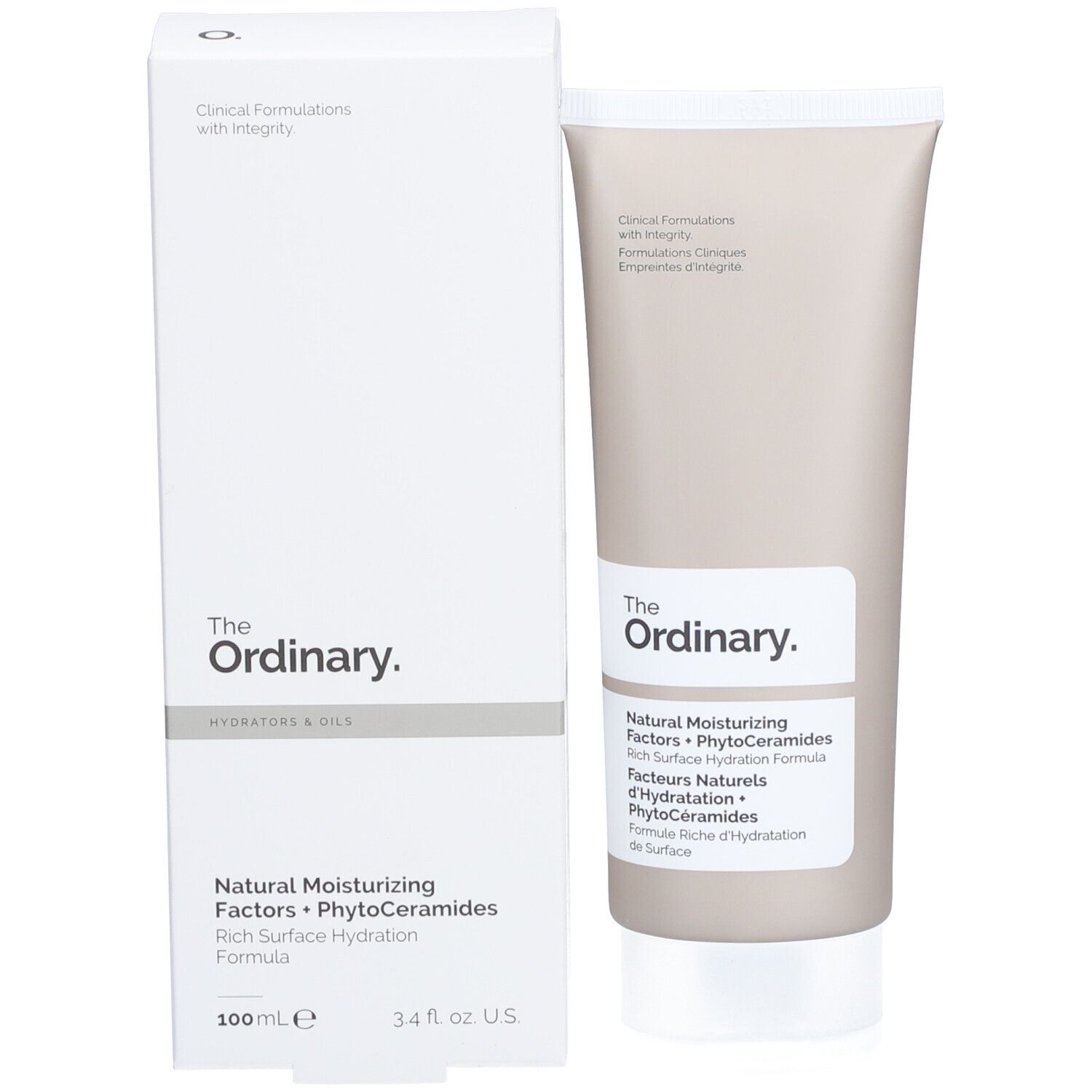 Produktverpackung mit Tube und Karton. Karton mit Produktnamen und Marke: The Ordinary. Tube beige.