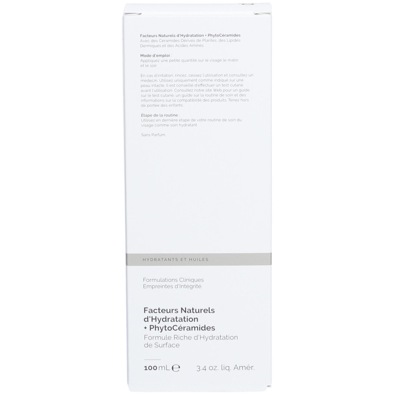 Weiße Produktverpackung. Informationen zur Anwendung in Englisch und Französisch. Produktname und Marke: The Ordinary. 100ml.