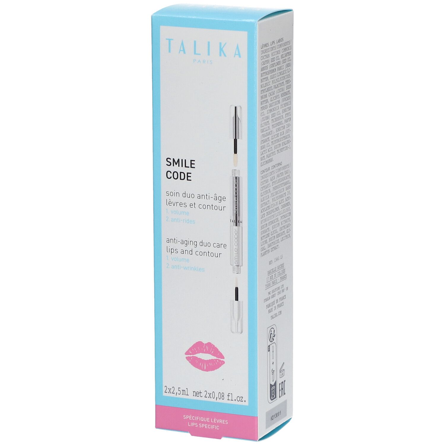 Emballage TALIKA SMILE CODE. Boîte blanche et bleue avec image et texte du produit. Contient deux stylos. Symbole de lèvres roses.