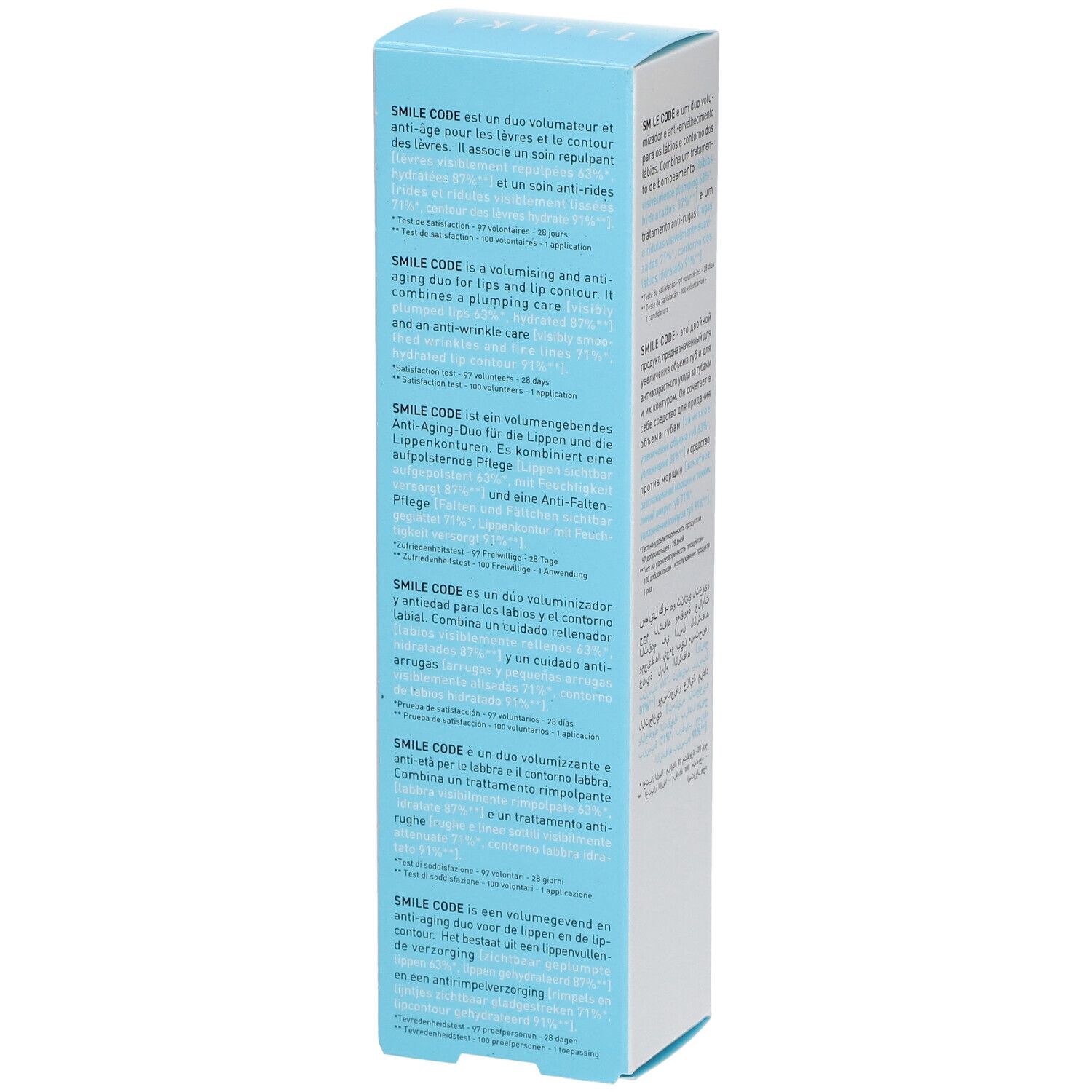Emballage TALIKA SMILE CODE. Boîte blanche avec texte en plusieurs langues. Contient des informations sur le produit et un symbole de lèvres.