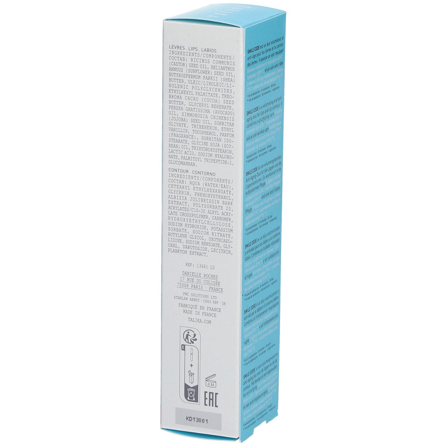 Emballage TALIKA SMILE CODE. Boîte blanche avec texte en plusieurs langues. Contient des informations sur le produit et un symbole de lèvres.