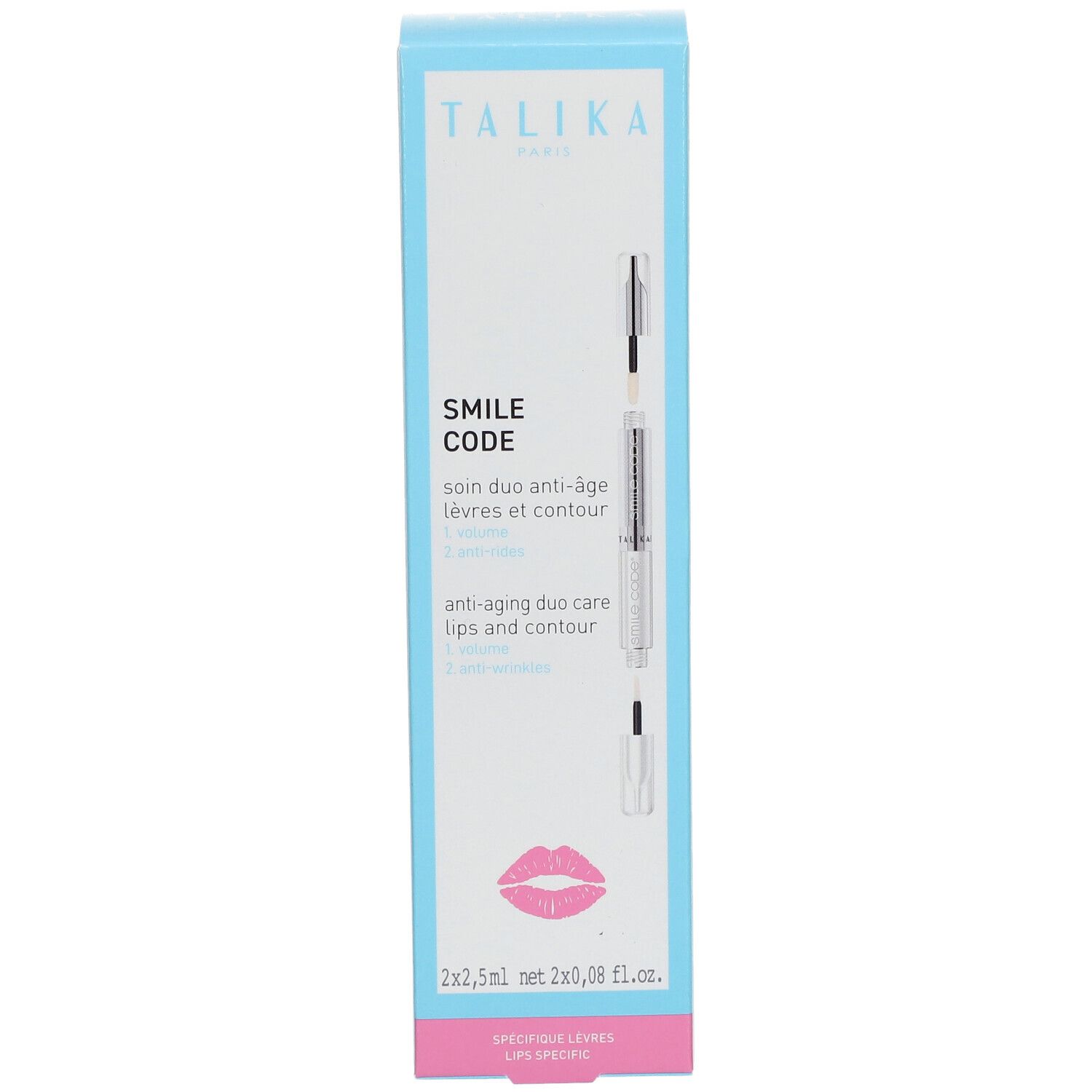 Emballage TALIKA SMILE CODE. Boîte blanche et bleue avec image et texte du produit. Contient deux stylos. Symbole de lèvres roses.