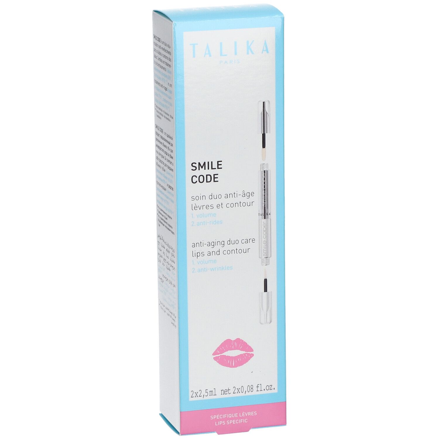 Emballage TALIKA SMILE CODE. Boîte blanche et bleue avec image et texte du produit. Contient deux stylos. Symbole de lèvres roses.