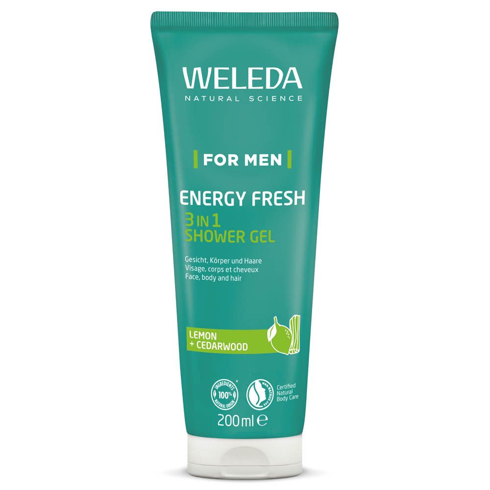 Grüne Tube Weleda FOR MEN Energy Fresh 3in1 Duschgel. Enthält Zitrone und Zedernholz. Mit Bio-Siegel.