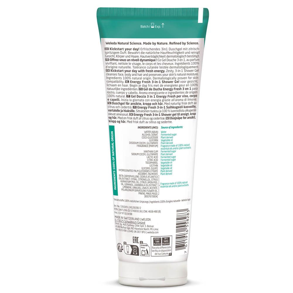 Tube vert Weleda FOR MEN Energy Fresh 3 en 1 Gel douche dans l'eau. Label bio.