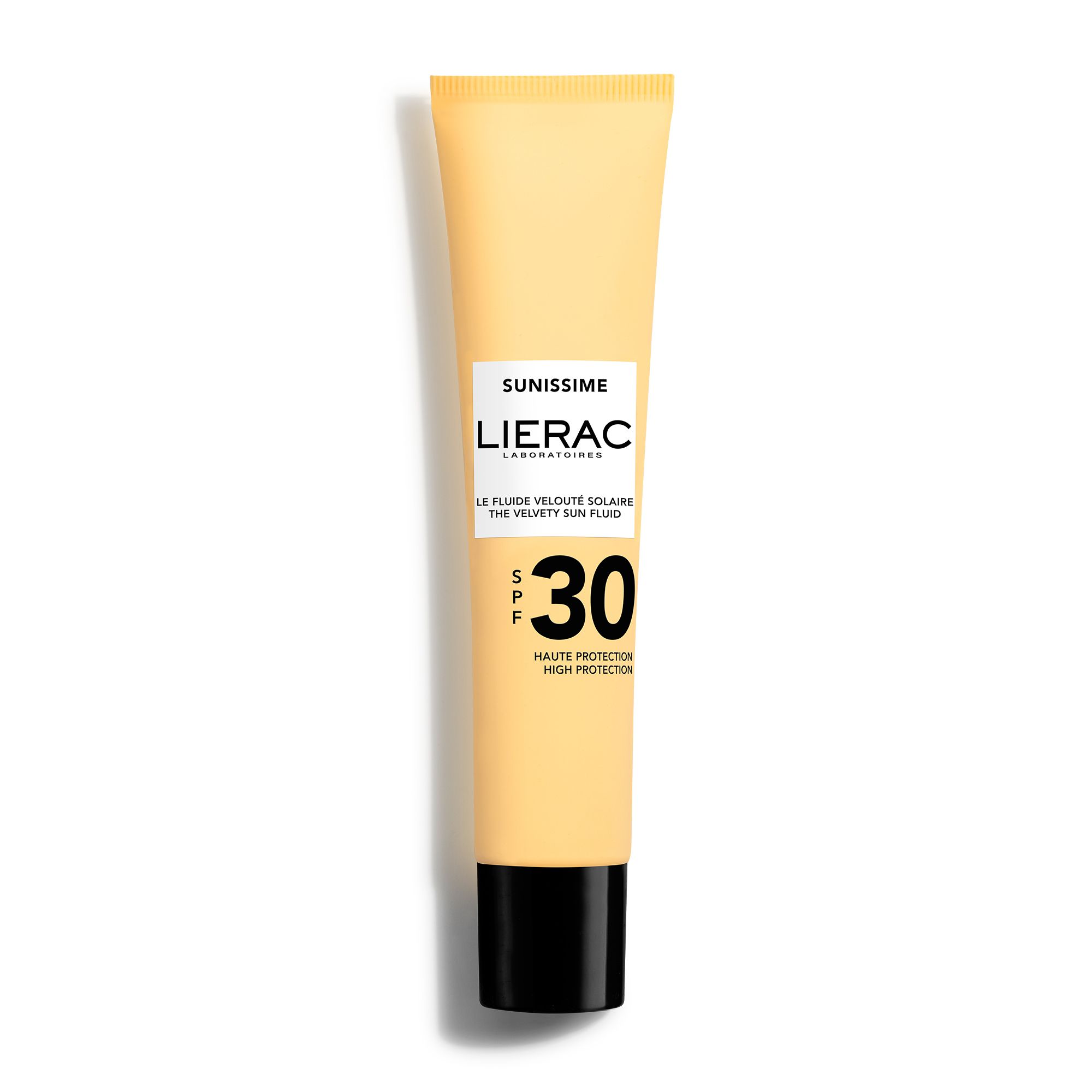 Tube beige avec bouchon noir. Inscriptions: Sunissime, Lierac, SPF 30. Désignation produit en français.