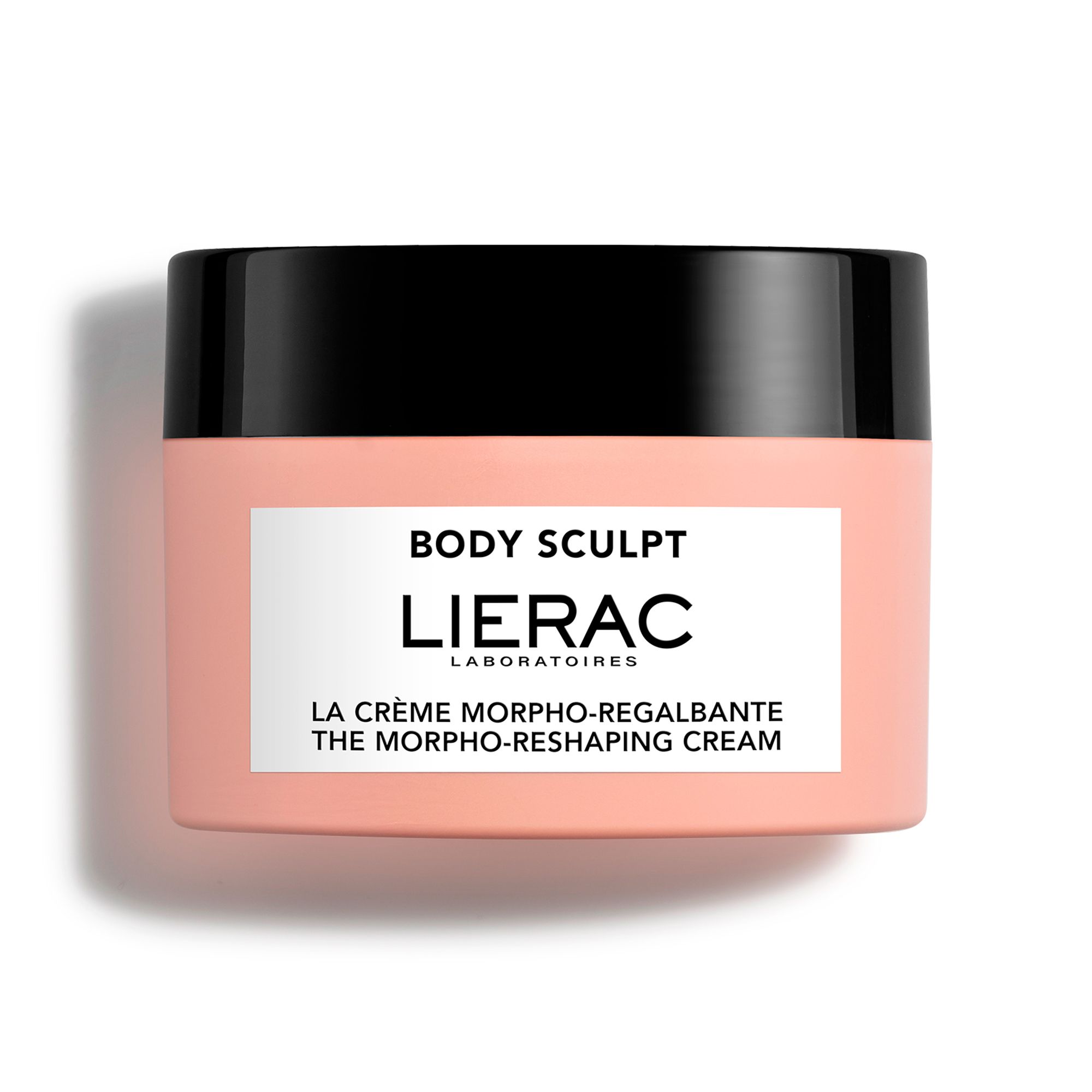 Pot rose avec couvercle noir. Inscription : BODY SCULPT, LIERAC. Texte : LA CRÈME MORPHO-REGALBANTE, THE MORPHO-RESHAPING CREAM.