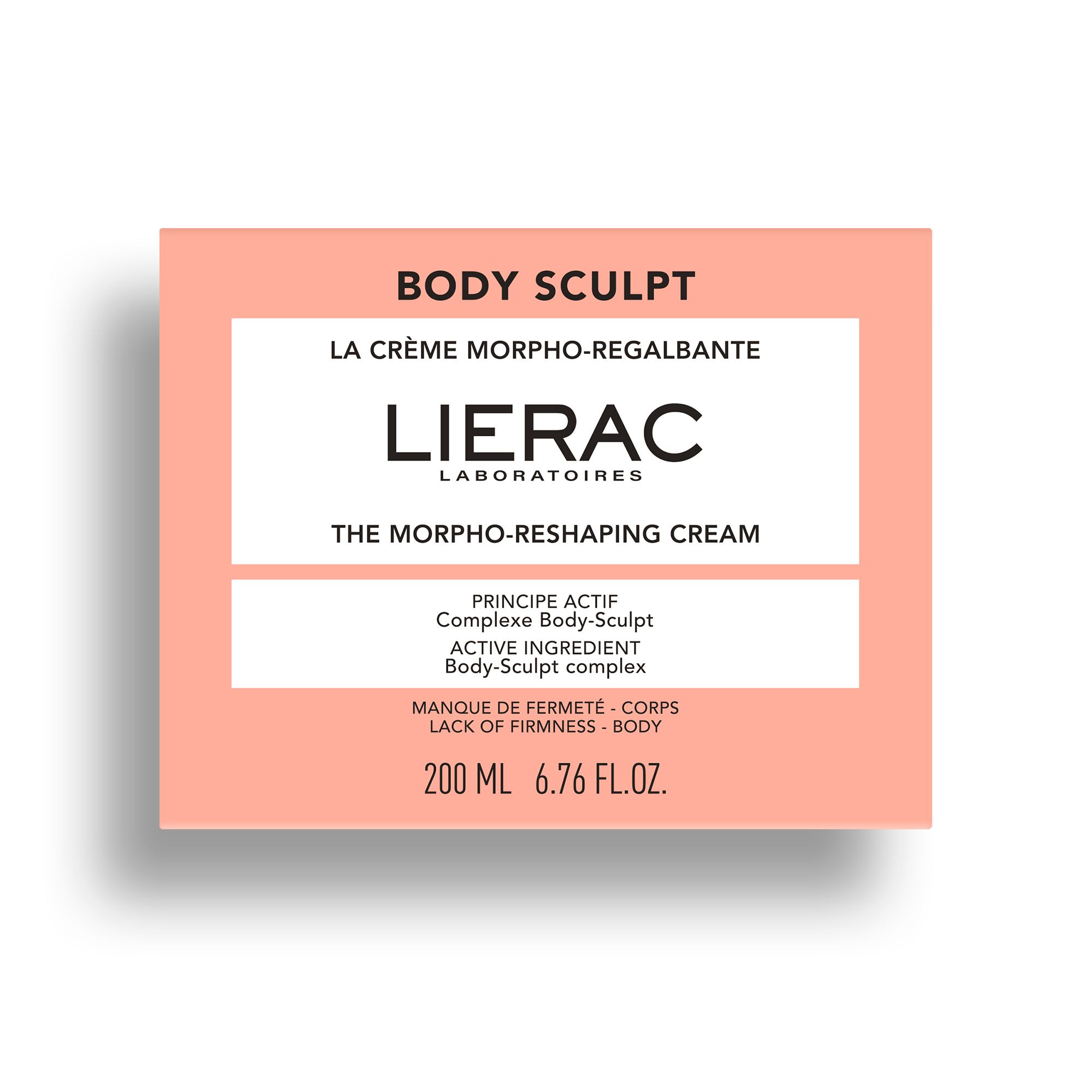 Boîte rose. Inscription : BODY SCULPT, LIERAC. Texte : LA CRÈME MORPHO-REGALBANTE, THE MORPHO-RESHAPING CREAM. 200 ml, 6.76 FL.OZ.