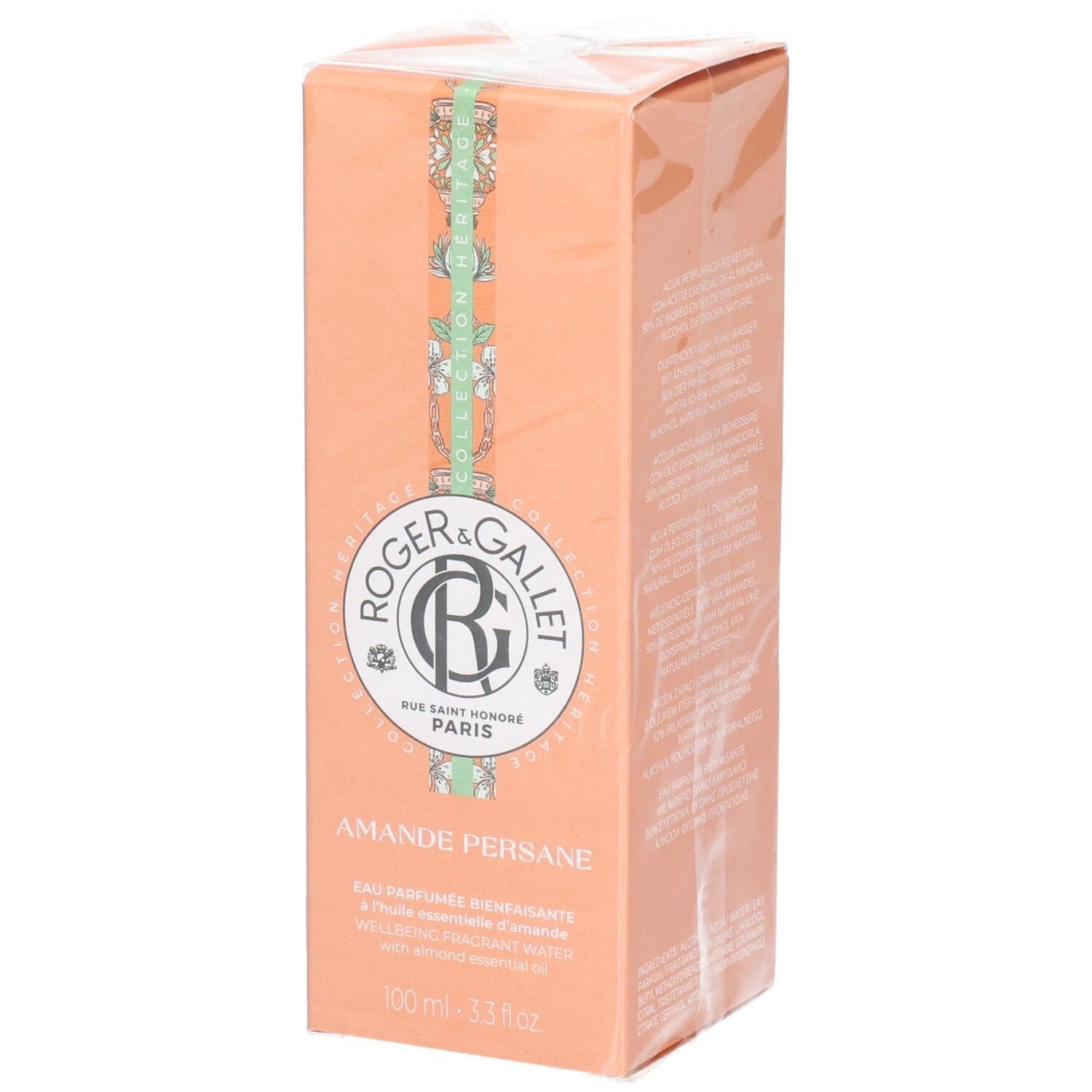 Kartonverpackung von Roger & Gallet Amande Persane. Pfirsichfarbener Karton mit Logo, Produktname und floralen Elementen.