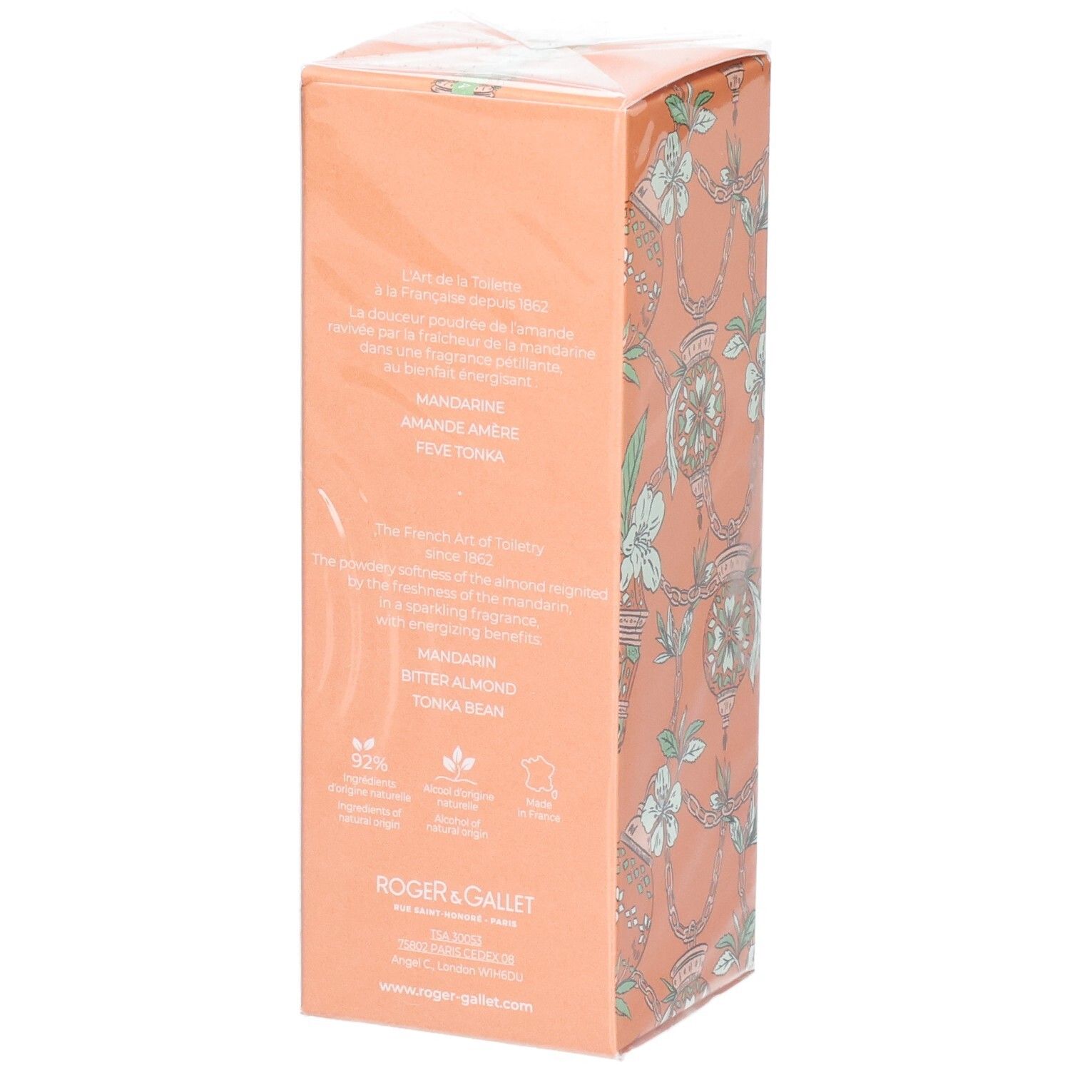 Rückseite der Kartonverpackung von Roger & Gallet Amande Persane. Text in mehreren Sprachen, Inhaltsstoffe und Logos.