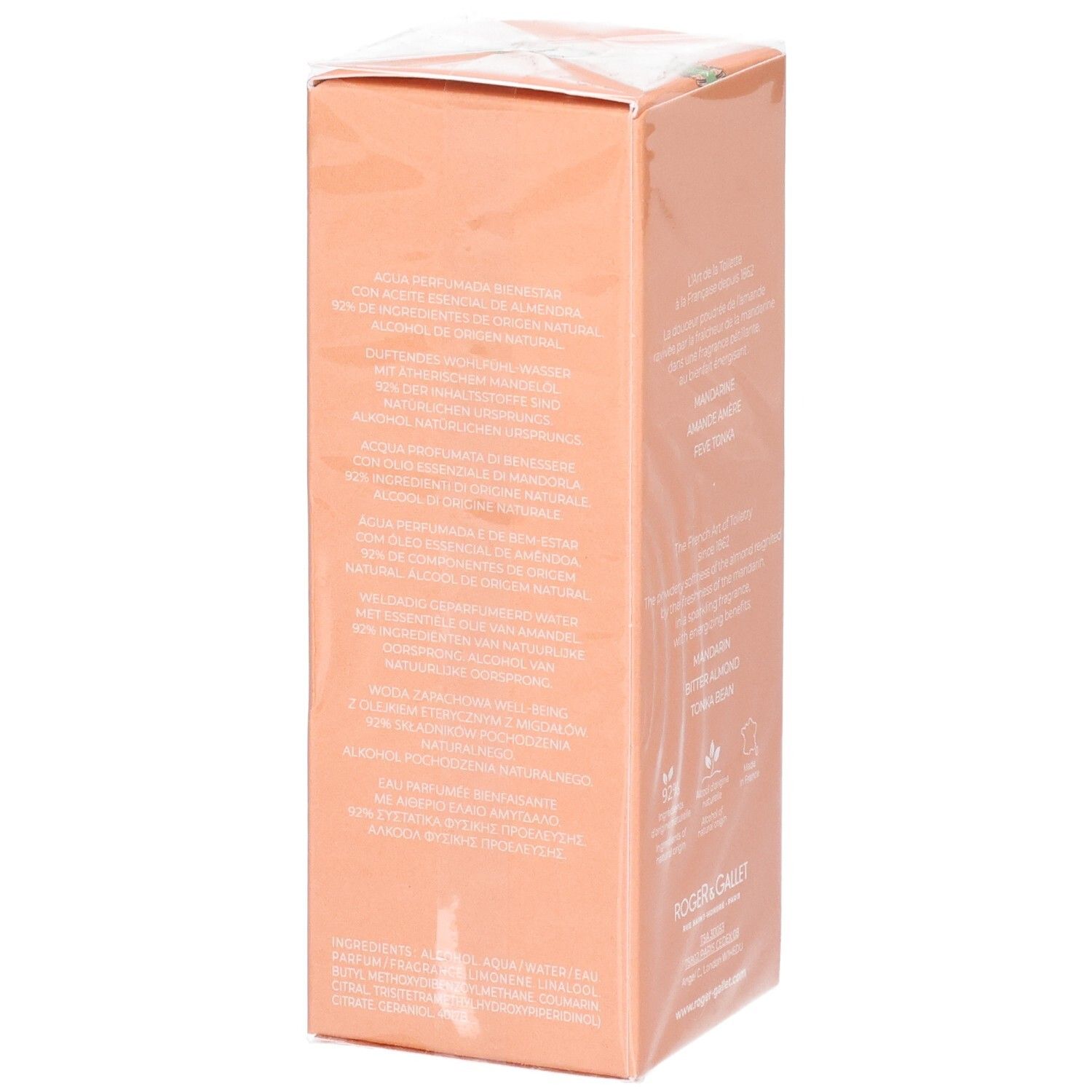 Seite der Kartonverpackung von Roger & Gallet Amande Persane. Text in mehreren Sprachen, Inhaltsstoffe und Logos.