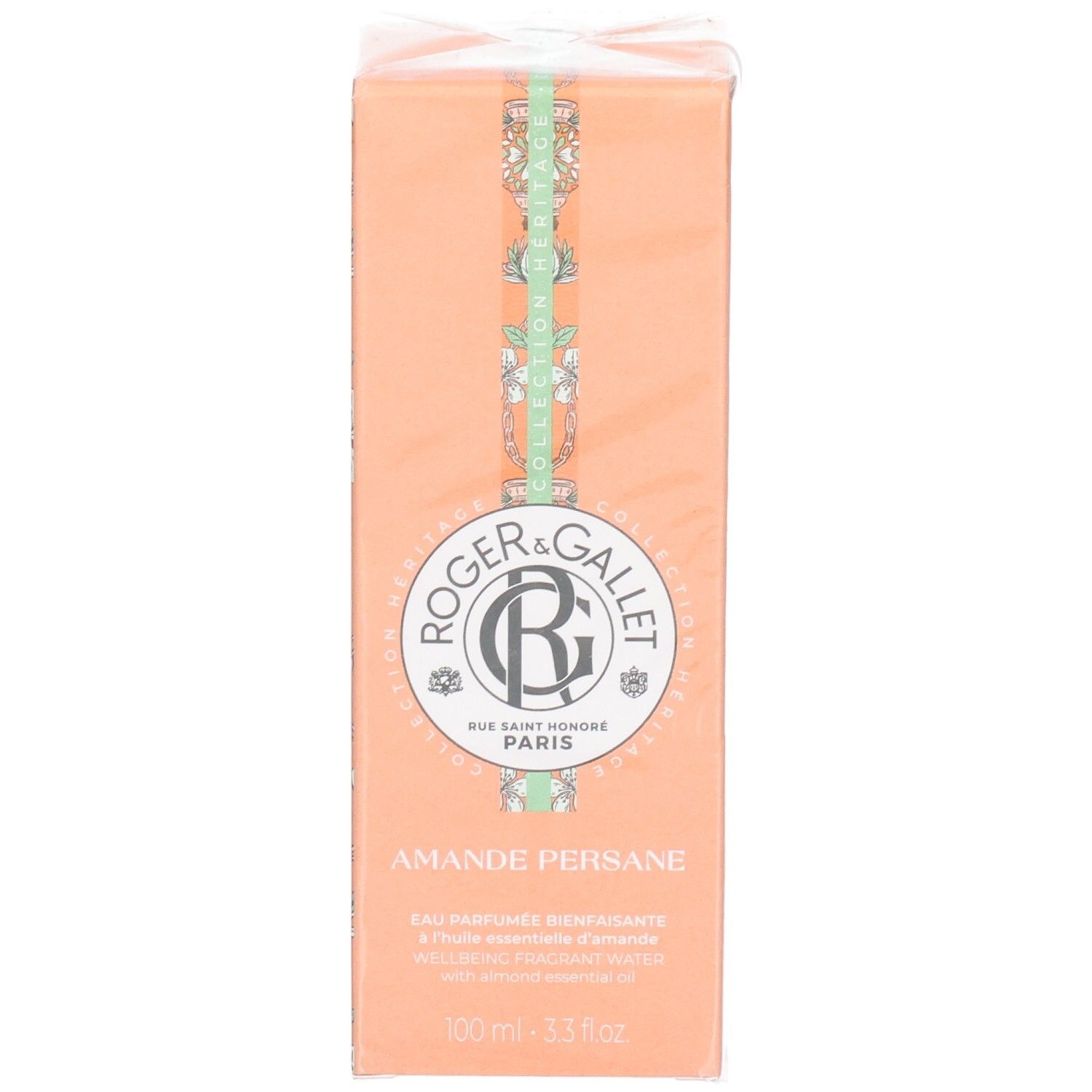 Vorderseite der Kartonverpackung von Roger & Gallet Amande Persane. Logo, Produktname und Produktbeschreibung.