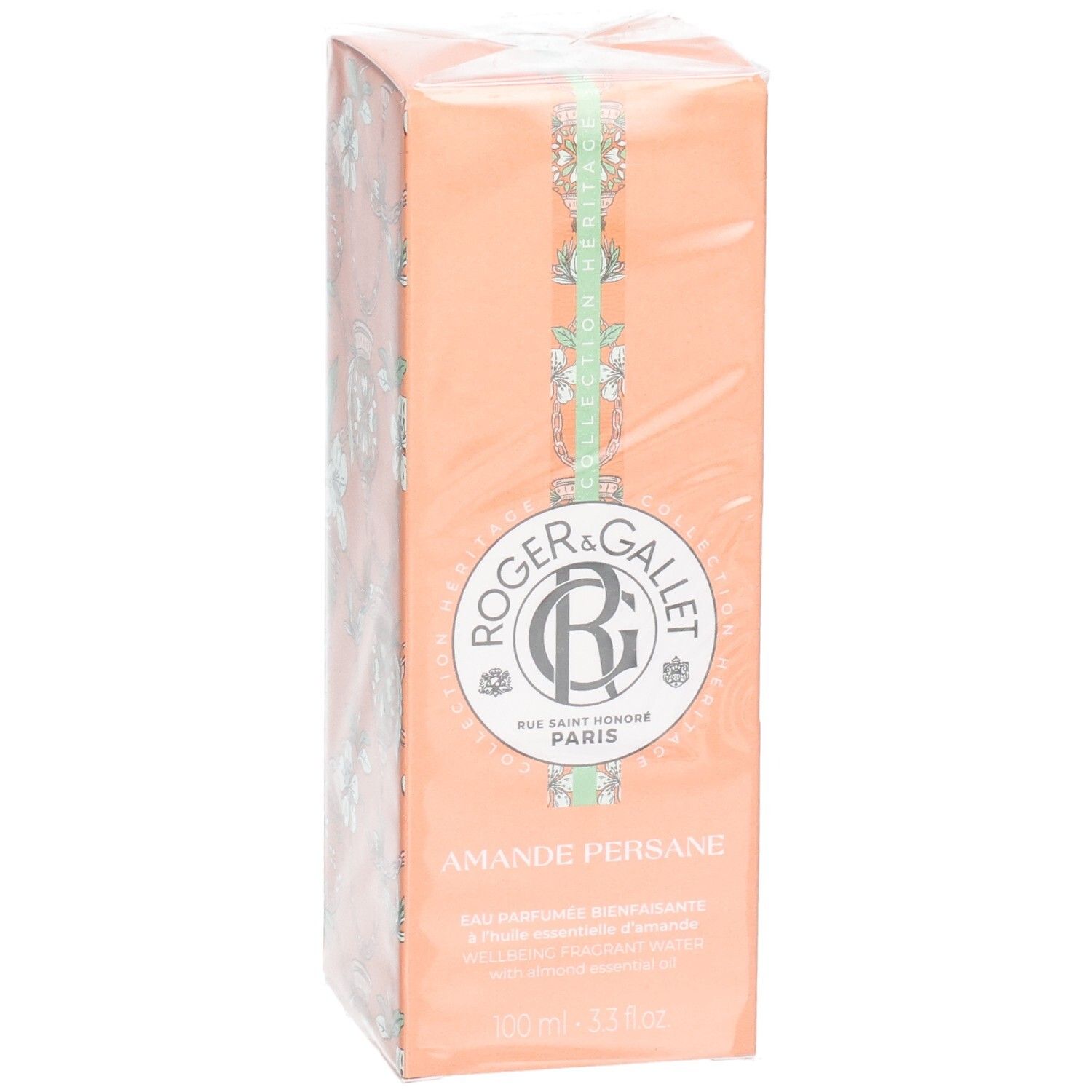 Kartonverpackung von Roger & Gallet Amande Persane. Logo, Produktname und Produktbeschreibung, in Folie verpackt.