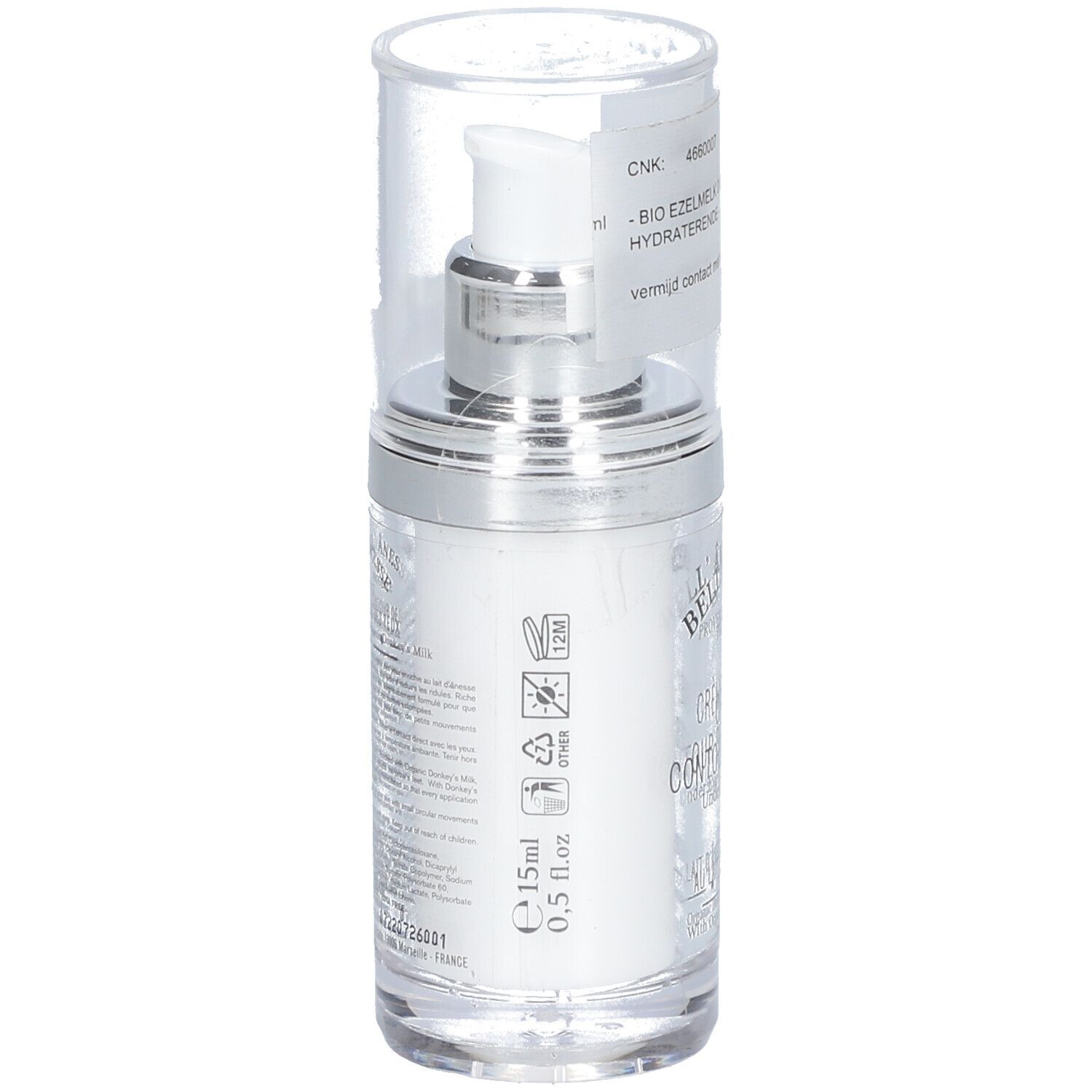 Bell'Ânesse Crème Contour des Yeux. Flacon avec pompe argentée et bouchon transparent. Texte et symboles sur le côté.