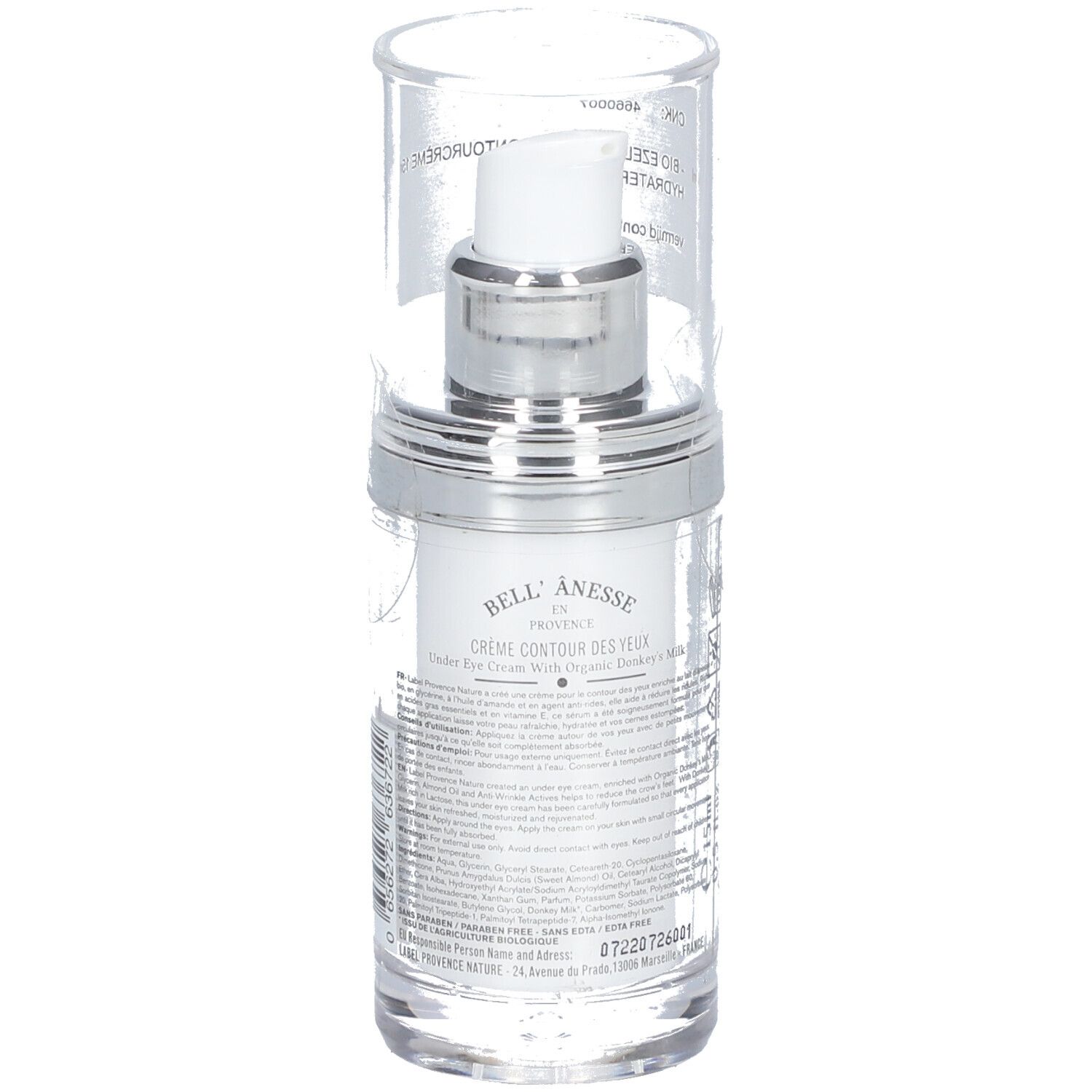 Bell'Ânesse Crème Contour des Yeux. Arrière du flacon avec texte. Récipient transparent avec pompe et bouchon argentés.