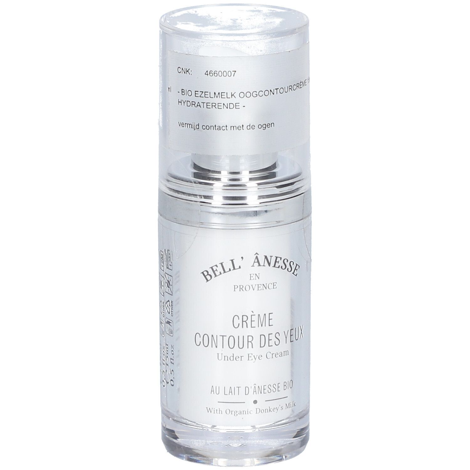 Crème Contour des Yeux Bell'Ânesse. Flacon avec bouchon argenté et capuchon transparent. Texte: Au Lait d'Ânesse Bio.