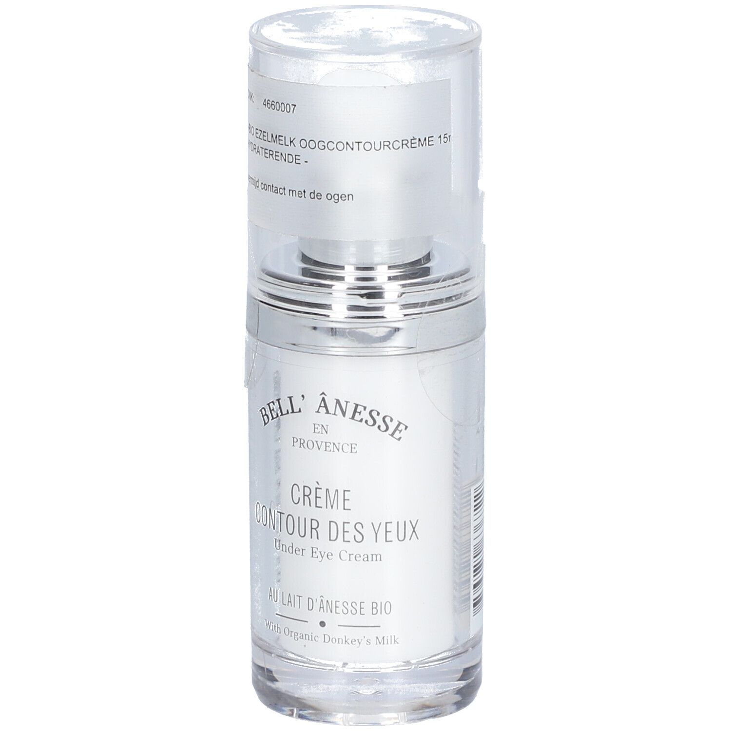 Crème Contour des Yeux Bell'Ânesse. Flacon avec bouchon argenté et capuchon transparent. Texte: Au Lait d'Ânesse Bio.