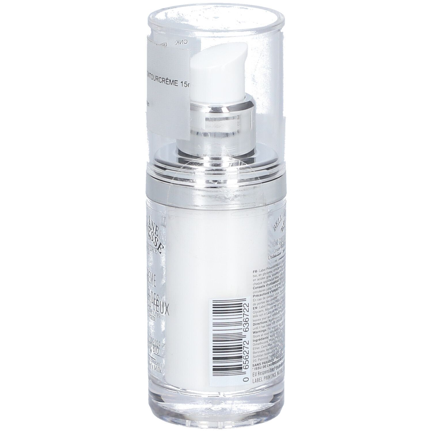 Bell'Ânesse Crème Contour des Yeux. Flacon avec pompe argentée et bouchon transparent. Code-barres et texte sur le côté.