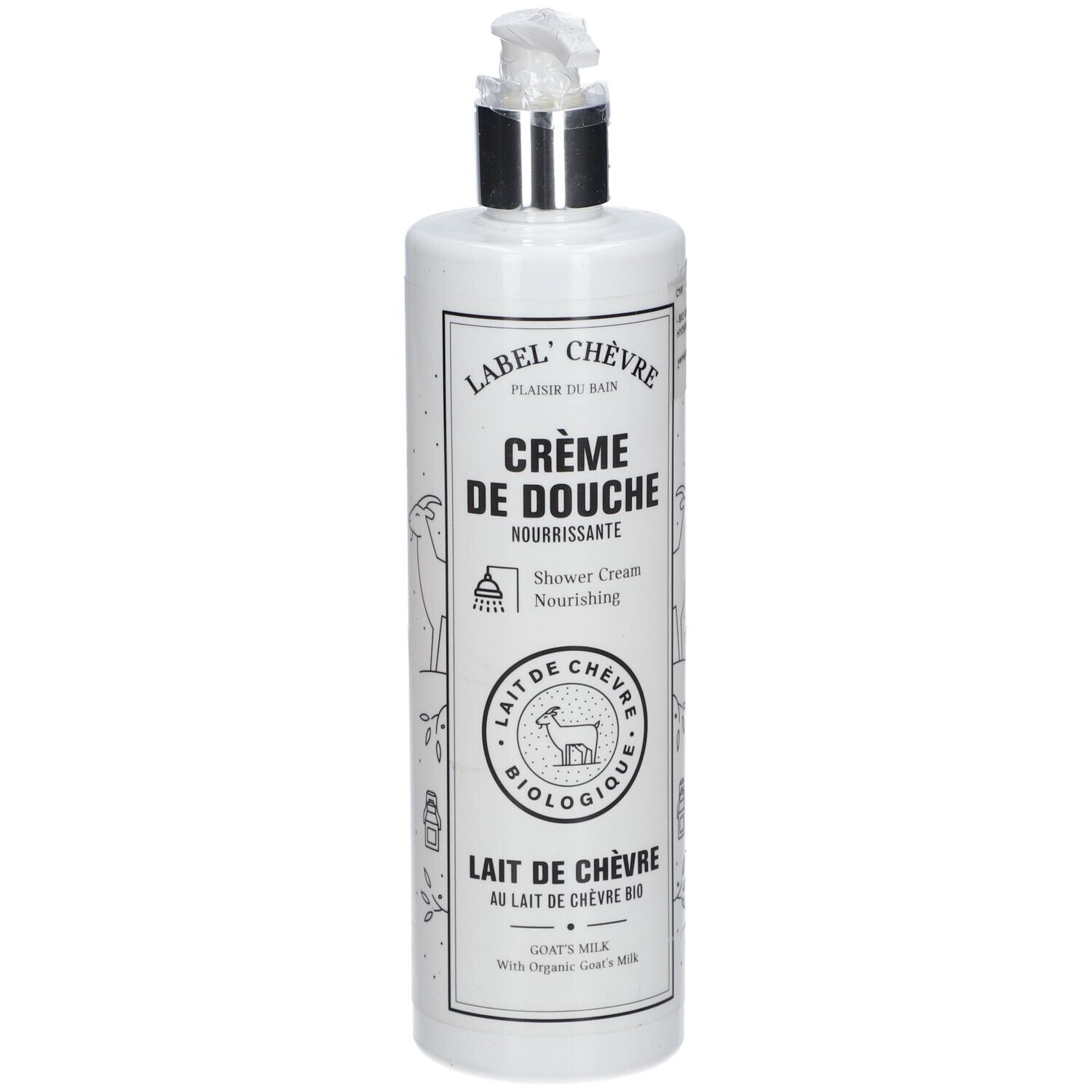 Weiße Pumpflasche mit Duschcreme, "Crème de Douche Nourrissante" und Ziegenmilch-Logo.