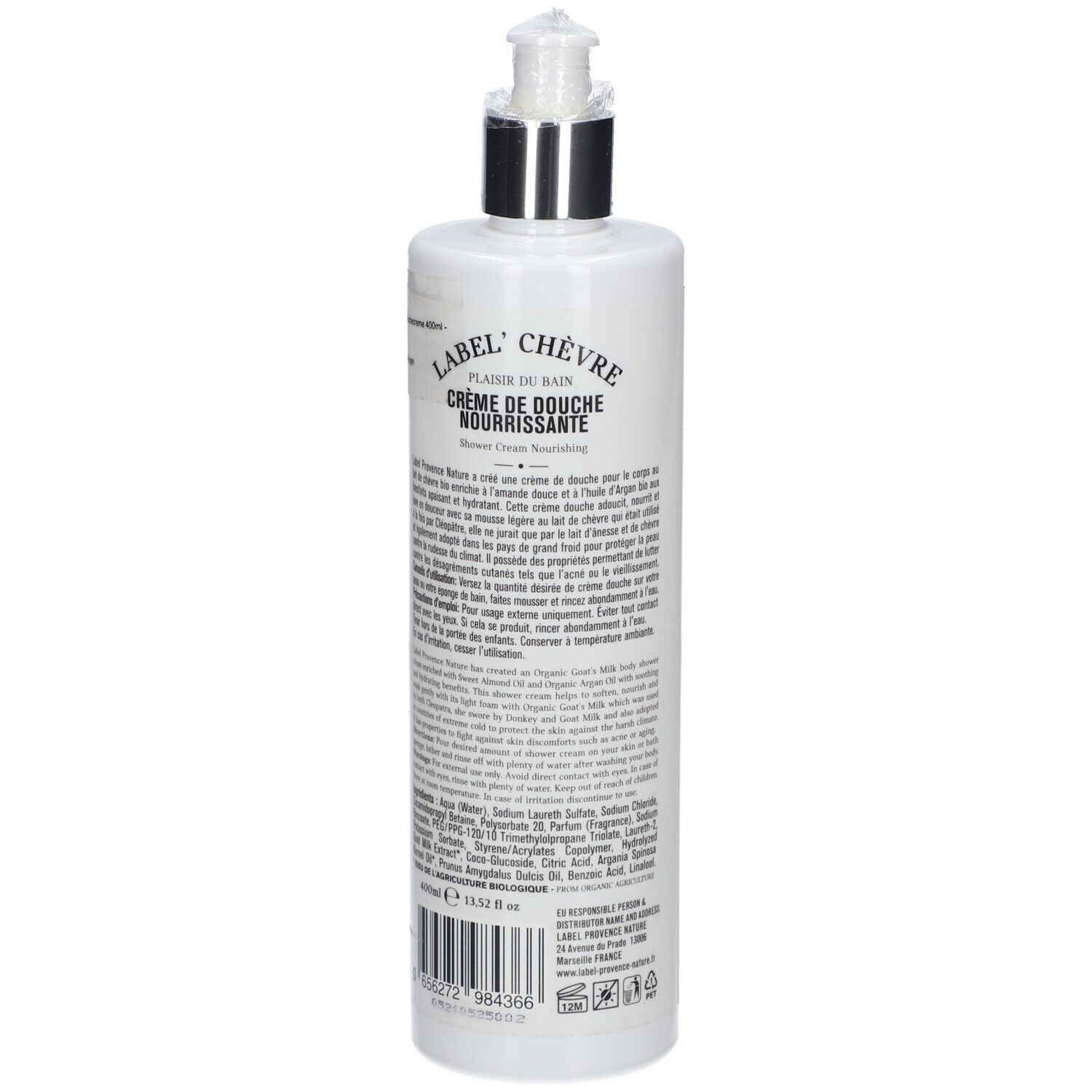 Weiße Flasche mit Spenderpumpe, 'Label Chèvre' Duschcreme Nourrissante.