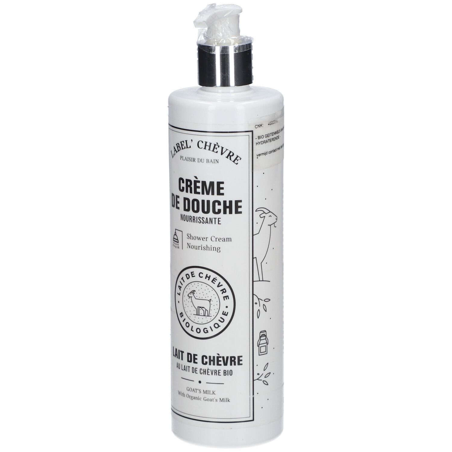 Weiße Pumpflasche mit Duschcreme, angereichert mit Bio-Ziegenmilch.