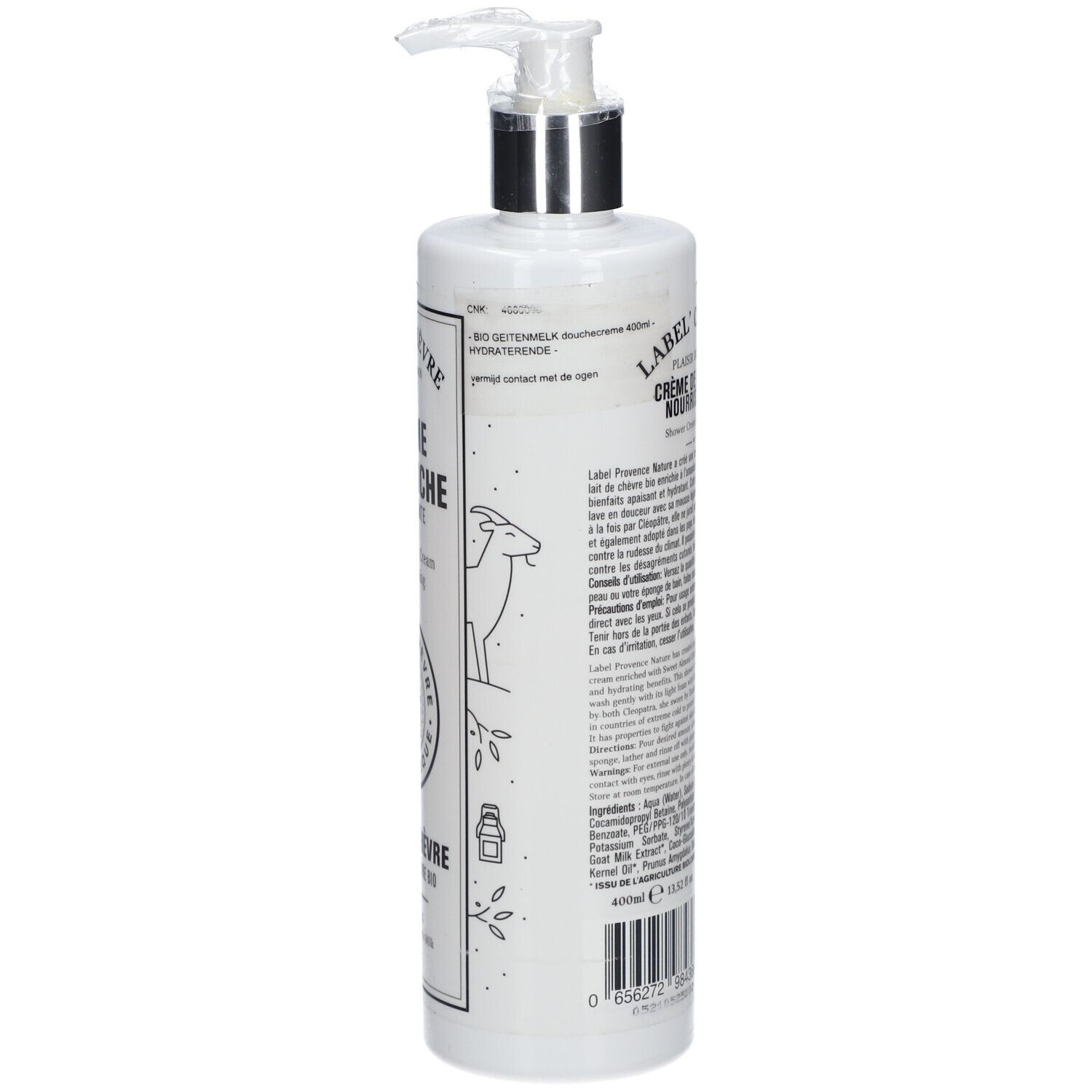 Weiße Pumpflasche mit silbernem Pumpaufsatz. Enthält eine Creme mit Ziegenmilch, 400ml.