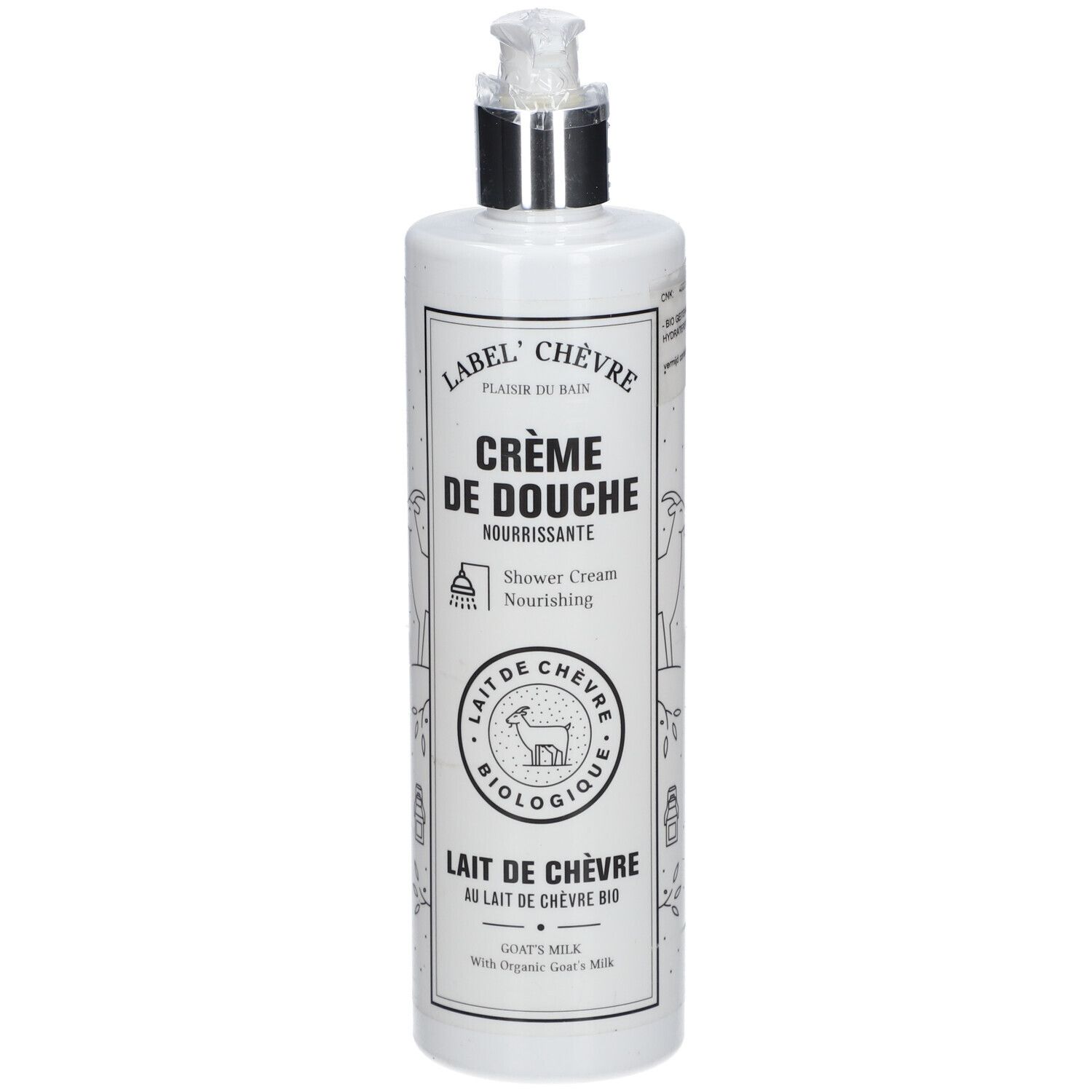 Weiße Flasche mit Pumpspender für Duschcreme, "Crème de Douche Nourrissante" und Ziegenmilch-Logo.