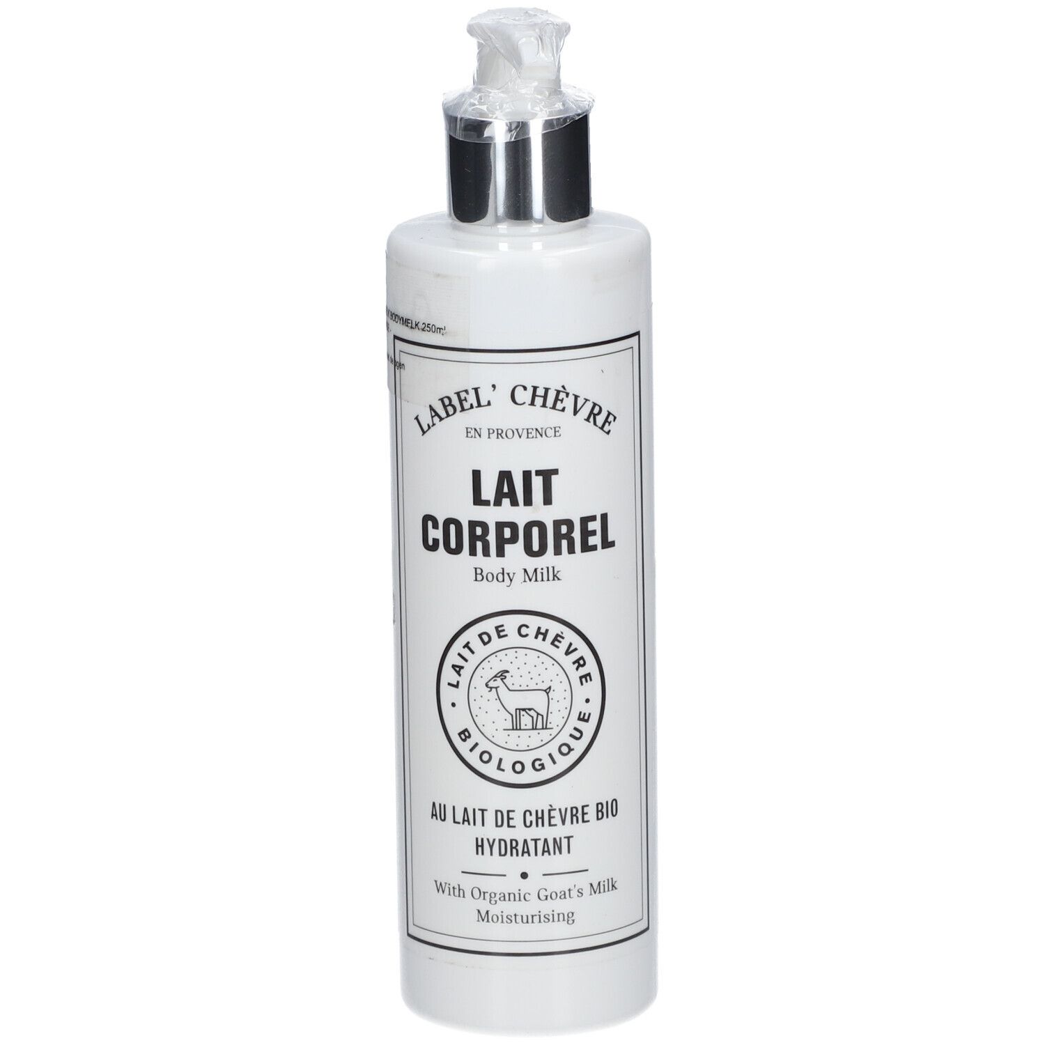 Weiße Flasche mit Pumpe. Aufschrift: Lait Corporel, Lait de Chèvre Bio. Mit Ziegenmilch.