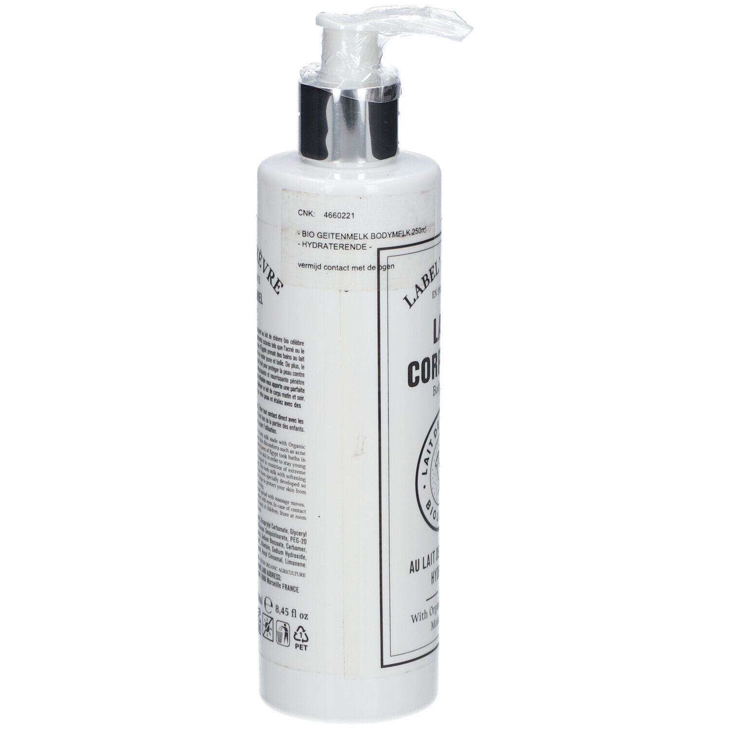 Weiße Flasche mit Pumpe. Aufschrift: Lait Corporel, Lait de Chèvre Bio. Rückseite mit Text.