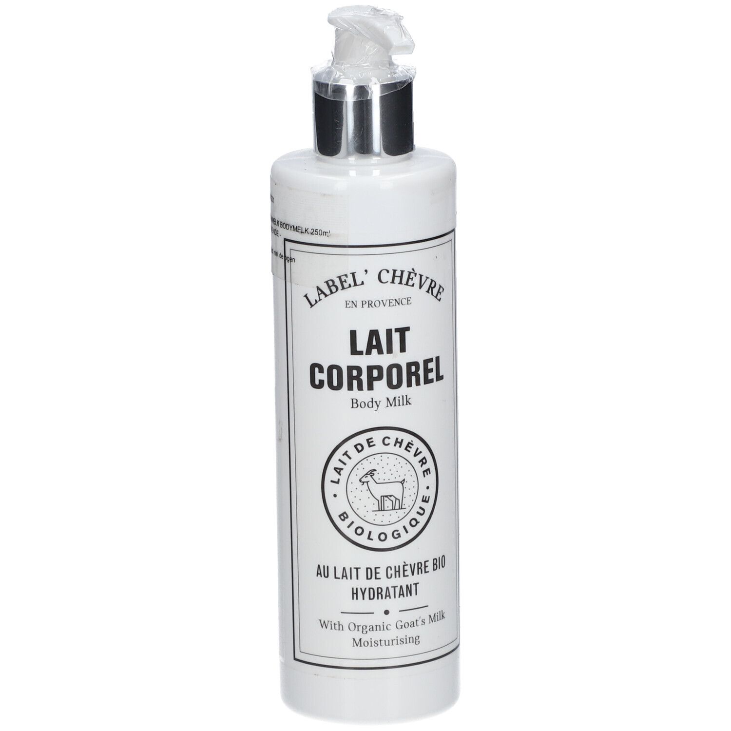 Weiße Flasche mit Pumpe. Aufschrift: Lait Corporel, Lait de Chèvre Bio. Mit Ziegenmilch.